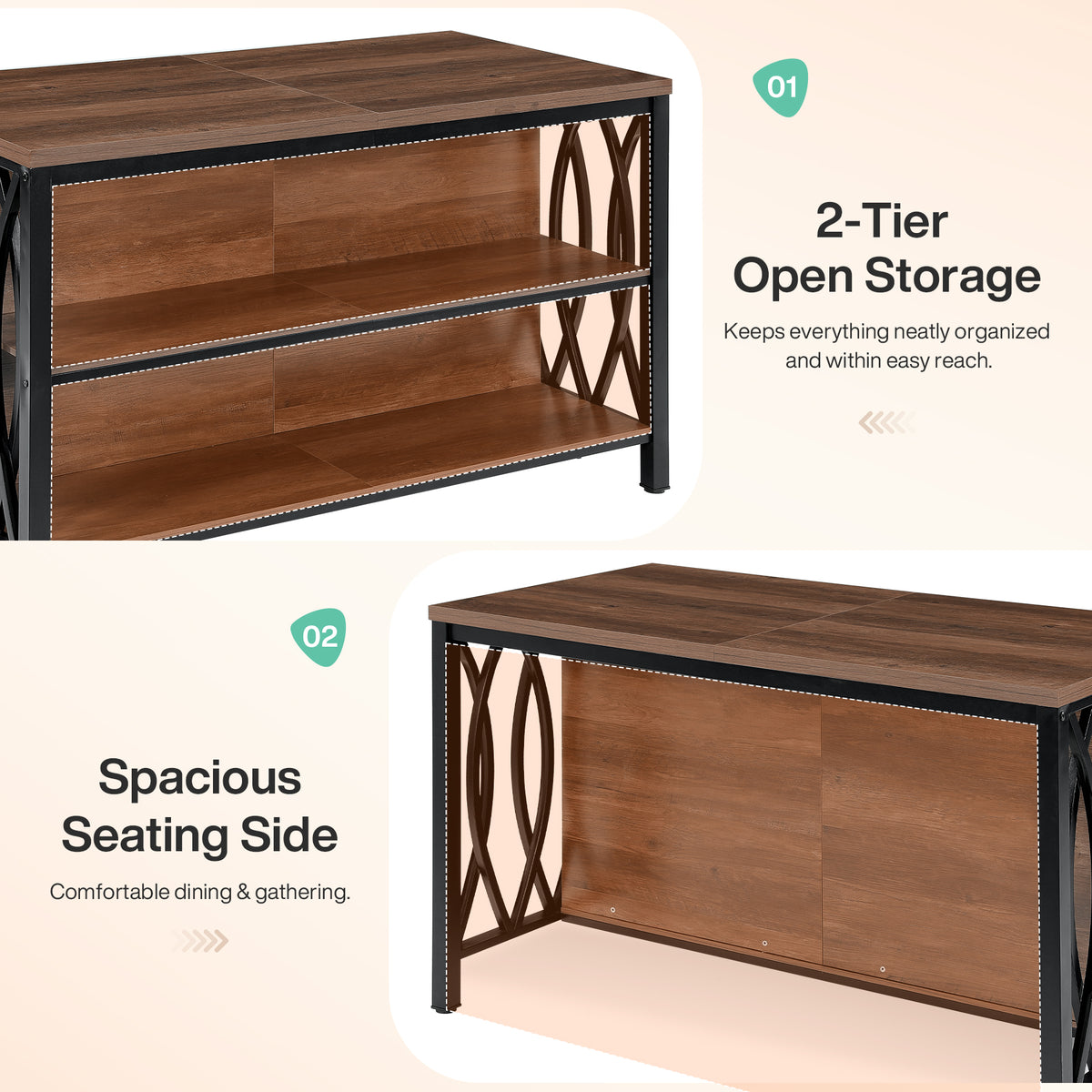 55" Kitchen Island with Storage, 3-Tier Stationary Island Table with Metal Frame for Kitchen