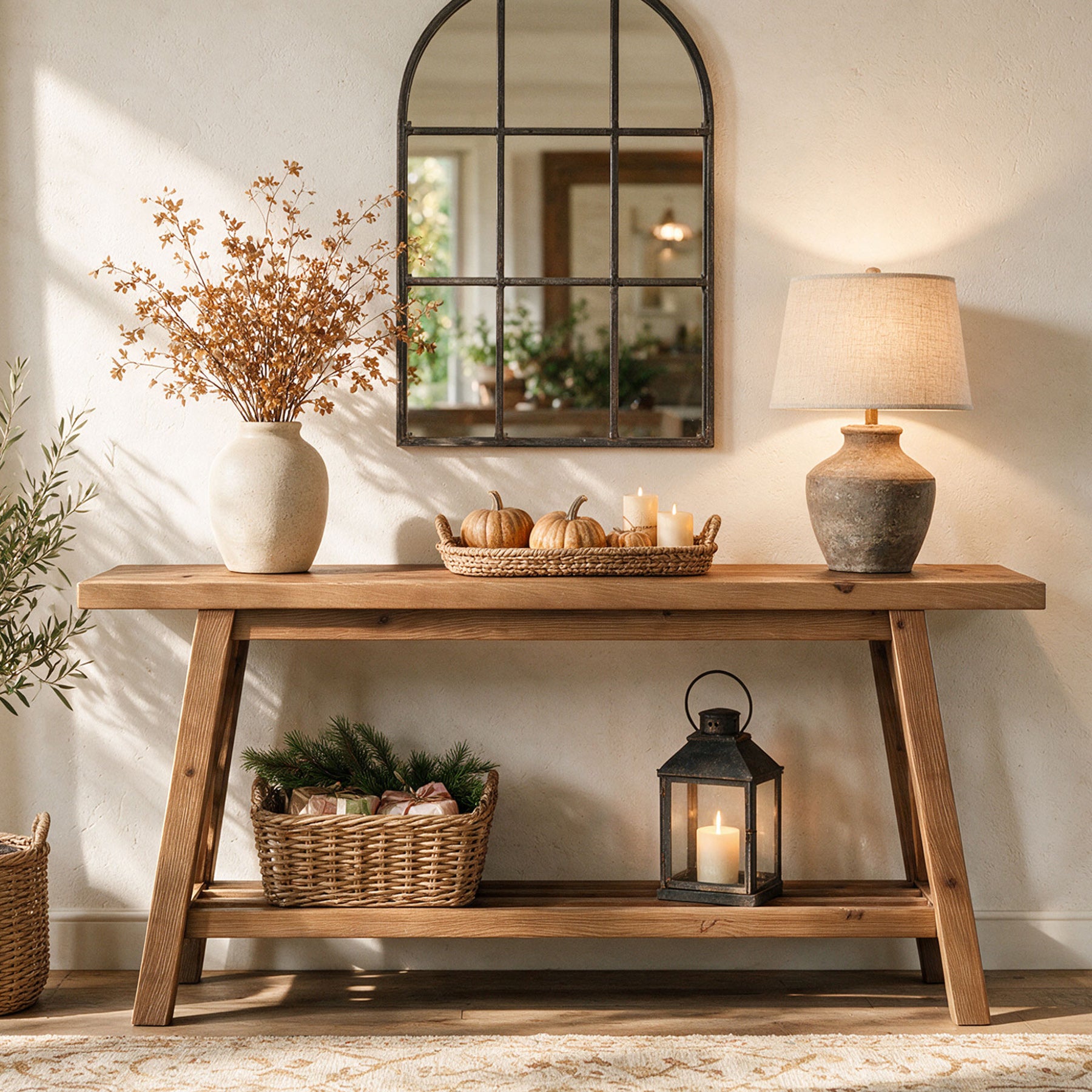 63" Console Table with Storage, Solid Wood X-Brace Sofa Table, 2-Tier Entryway Table
