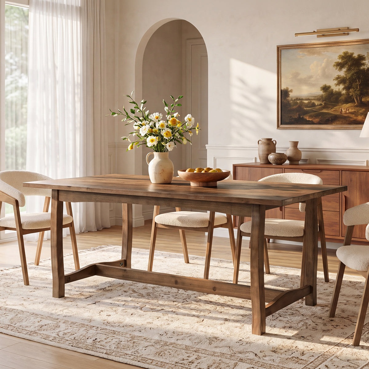 63" Solid Wood Dining Table for 4-6, Rectangle Kitchen Table with Reinforced Trestle Base