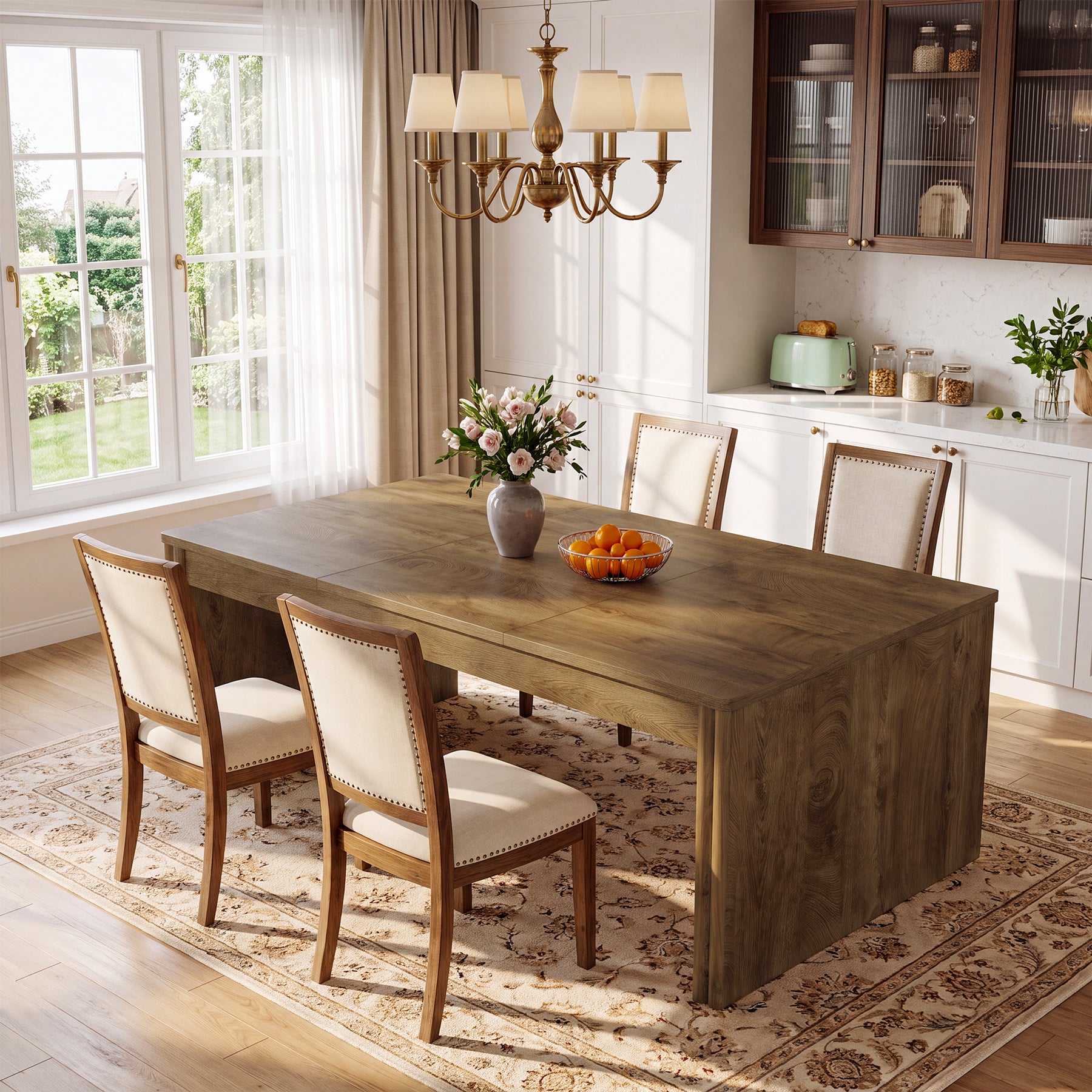 79" Large Dining Table for 6-8, Rectangular Kitchen Table with Double Pedestals for Dining Room