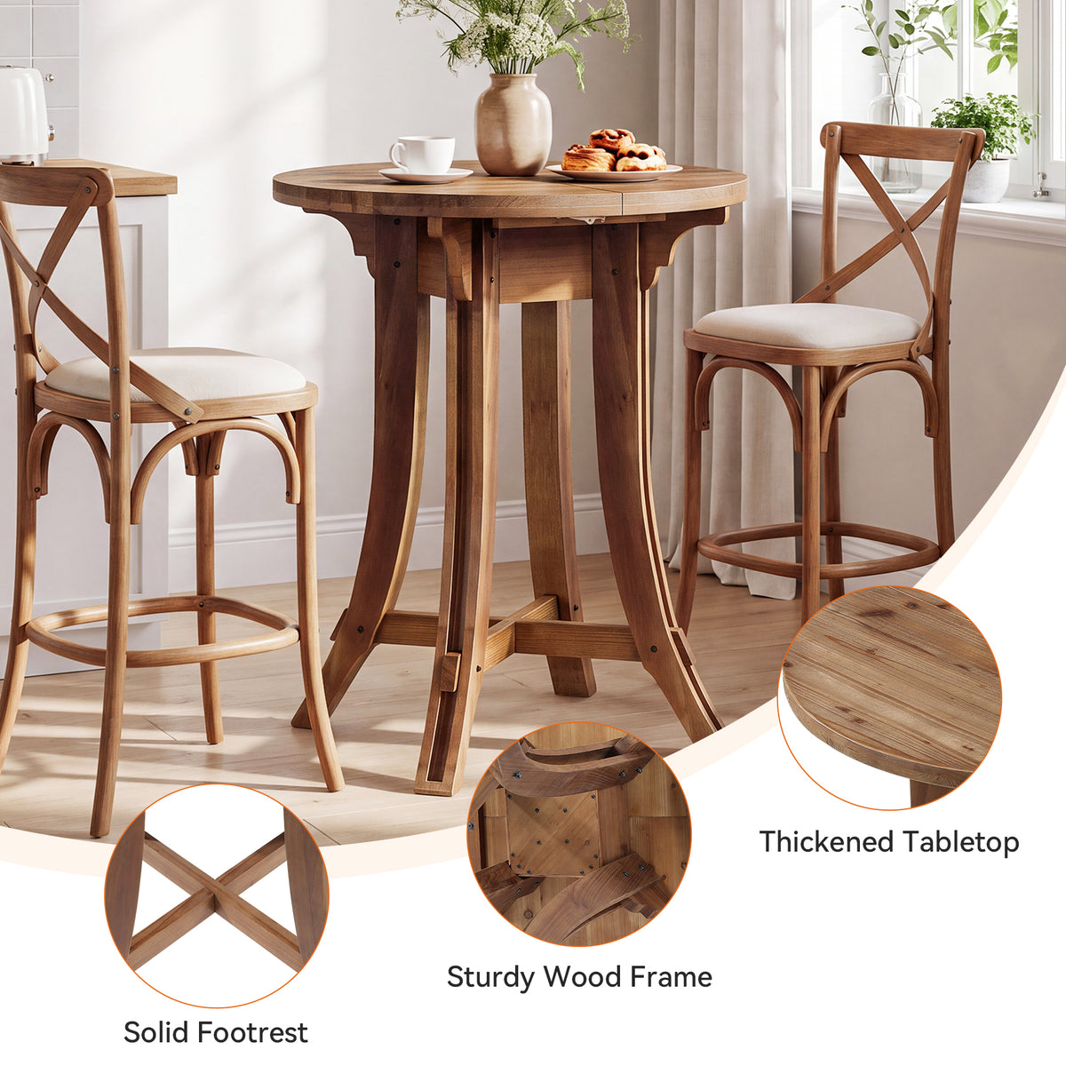 32" Round Bar Table with Footrest, Rustic Solid Wood Farmhouse Pub Table