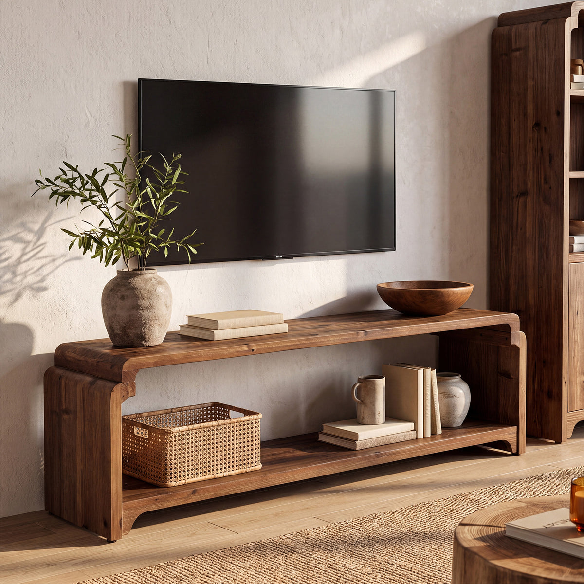 55.12" Solid Wood TV Stand for TVs up to 60", Farmhouse Media Console with Storage Shelves