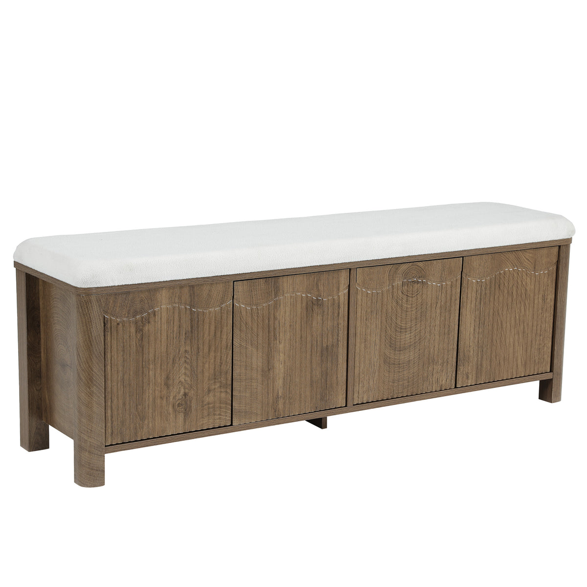 55.12" Upholstered Entryway Storage Bench, Farmhouse Shoe Bench with 4 Cabinet Doors