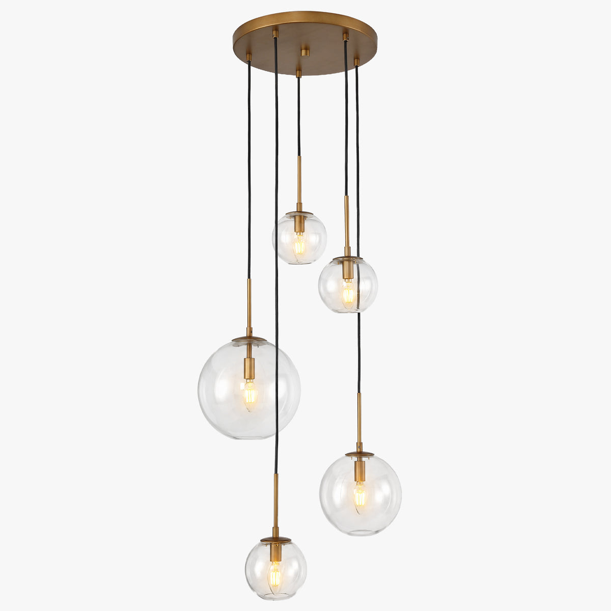 5-Light Modern Globe Pendant Light, Gold Chandelier with Adjustable Cords