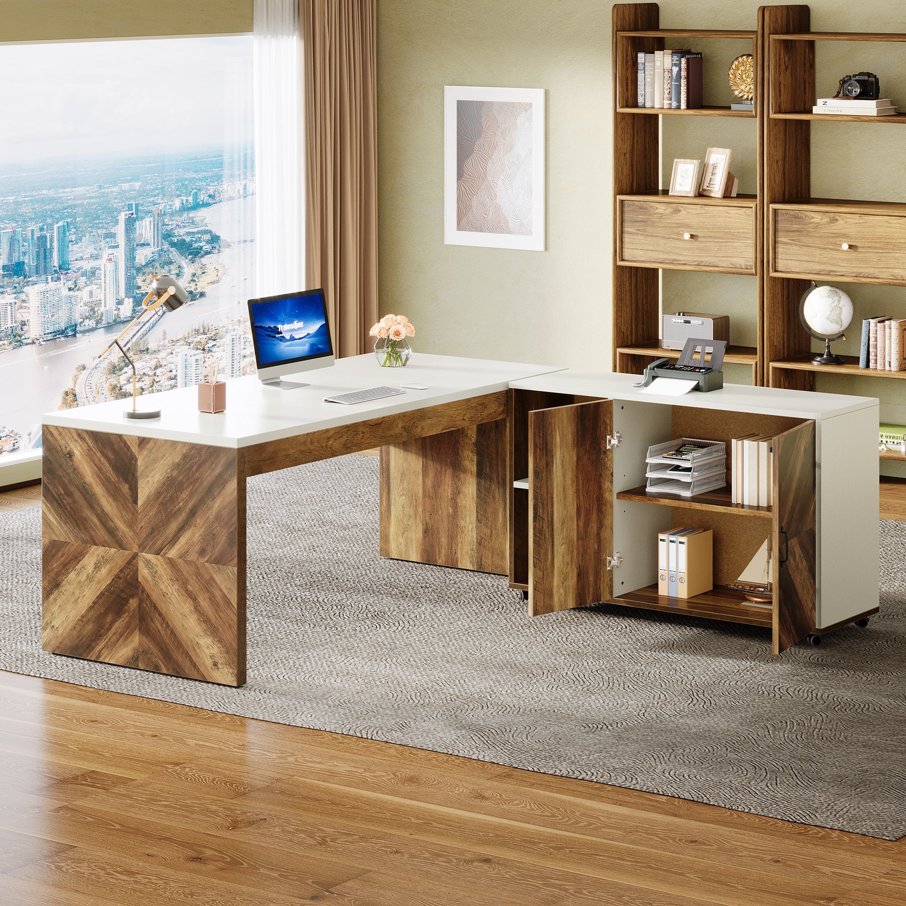 63" L-Shaped Desk, Modern Executive Office Desk with Mobile File Cabinet