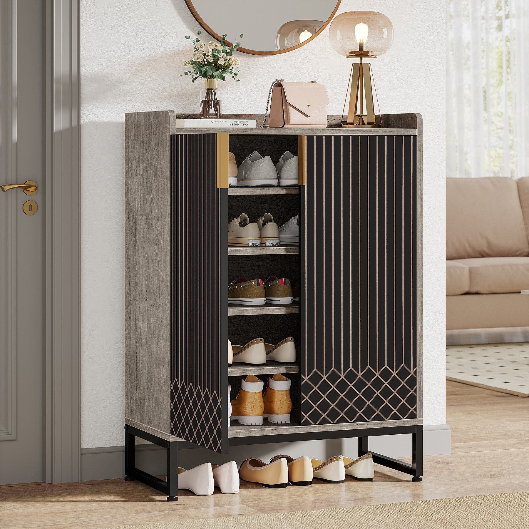 5-Tier Shoe Cabinet with Doors, Freestanding Wood Shoe Organizer for Entryway