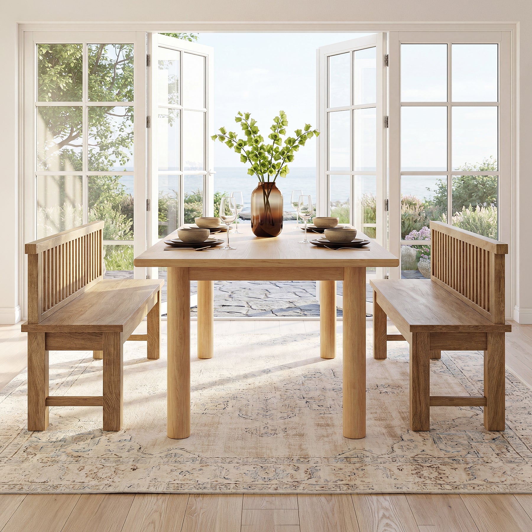 55" Farmhouse Dining Bench with Vertical Stripes Backrest for Kitchen, Dining Room