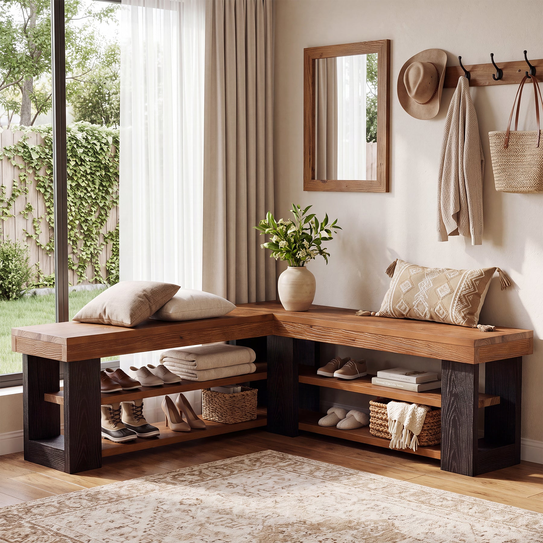 47" L-Shaped Corner Bench, 3-Tier Solid Wood Entryway Bench, Hallway Mudroom