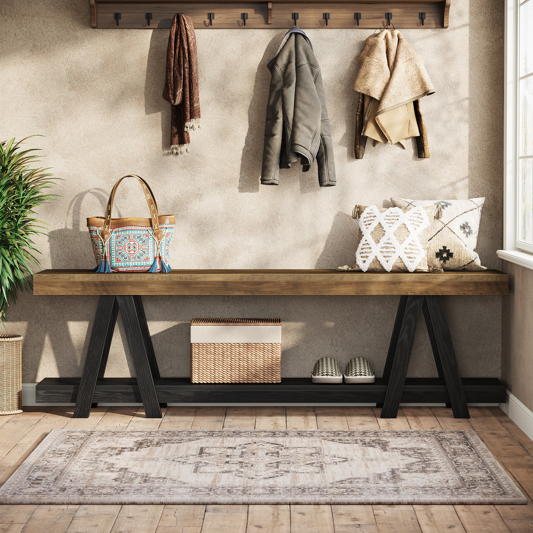 59.05" Entryway Bench with Shoe Storage, 2-Tier End of Bed Bench with Shelves