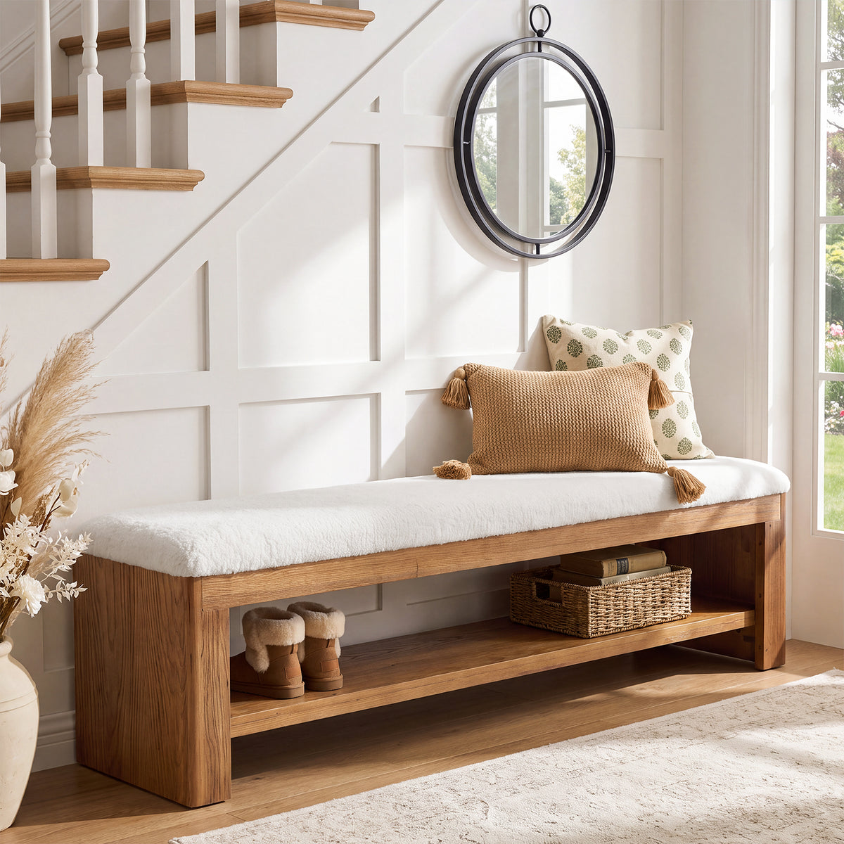 63" Solid Wood Entryway Bench with Cushion and Storage, Upholstered Shoe Bench for Hallway