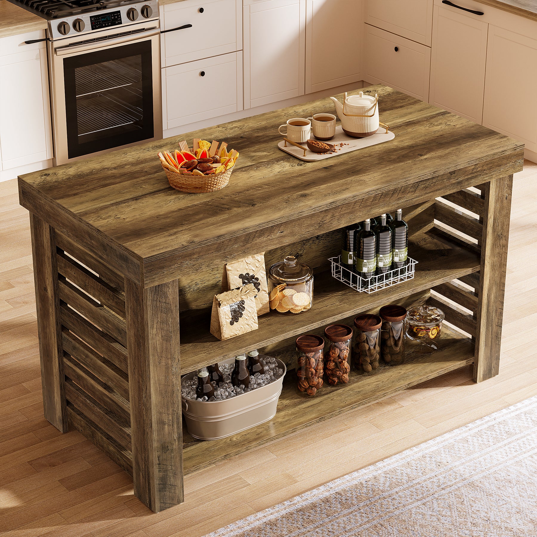 55" Kitchen Island, 3-Tier Farmhouse Coffee Bar Table with Storage Shelves