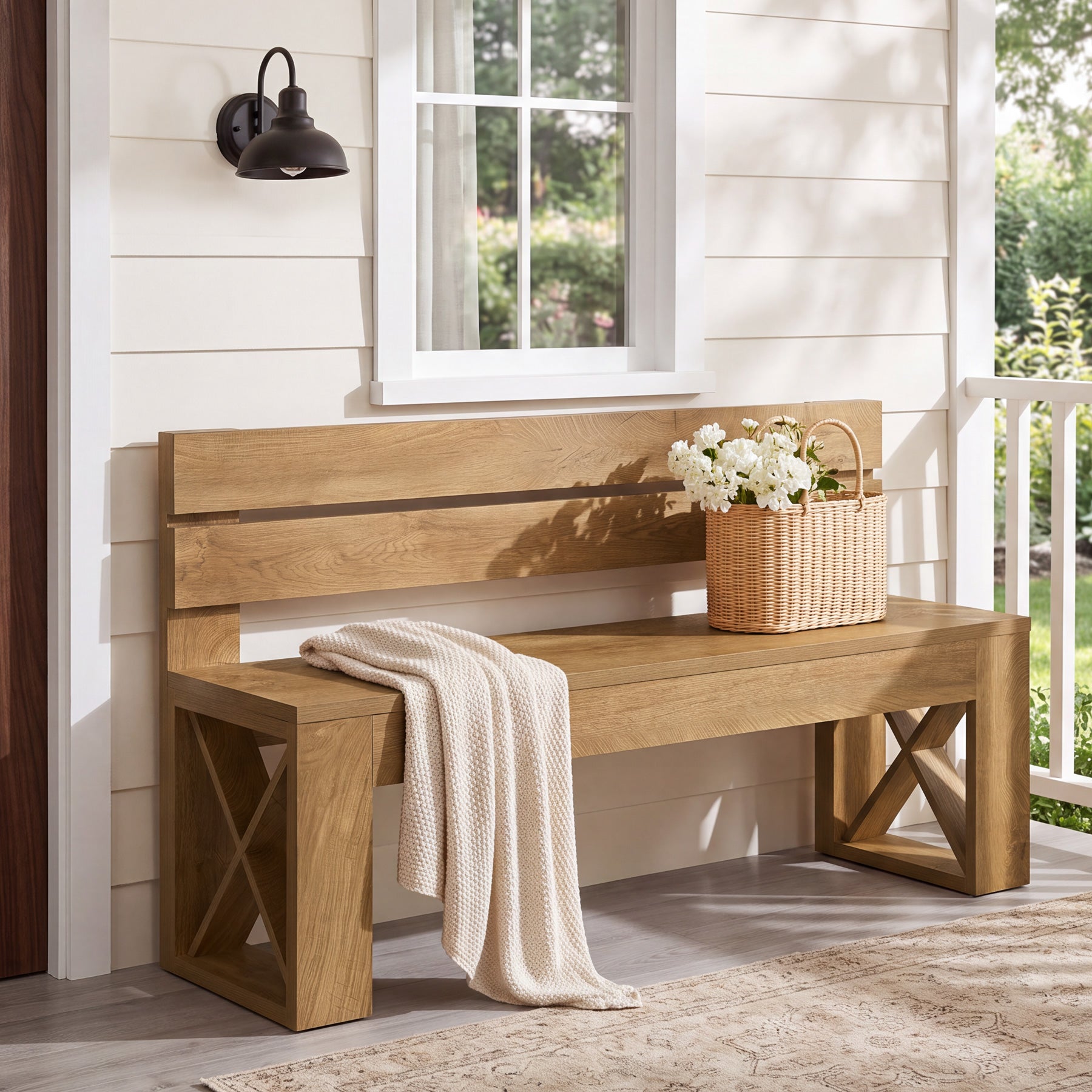 47" Entryway Bench with Back, Farmhouse Shoe Bench with X-Brace, Bedroom & Hallway