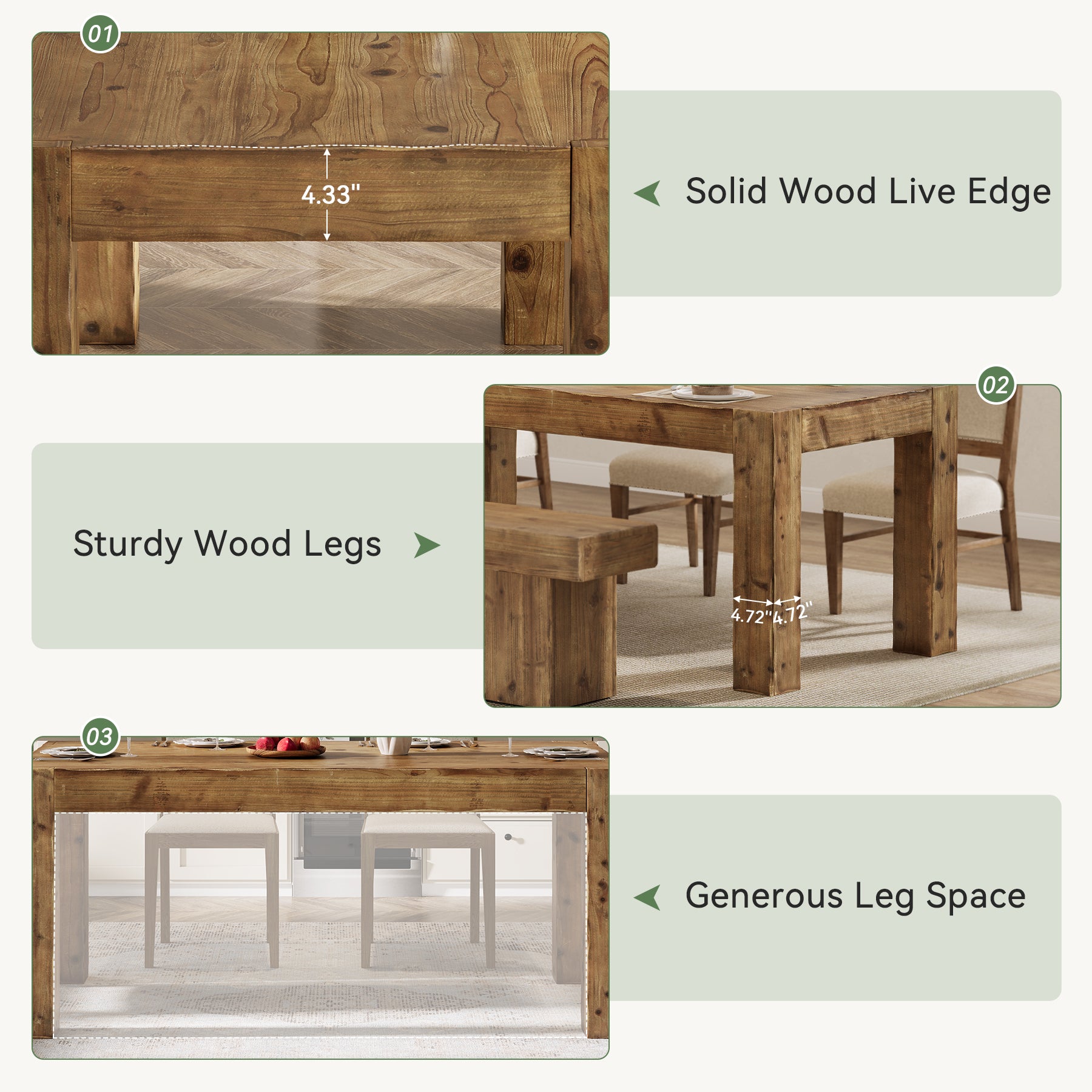 63" Dining Table, Solid Wood Dinner Kitchen Table For 4 To 6