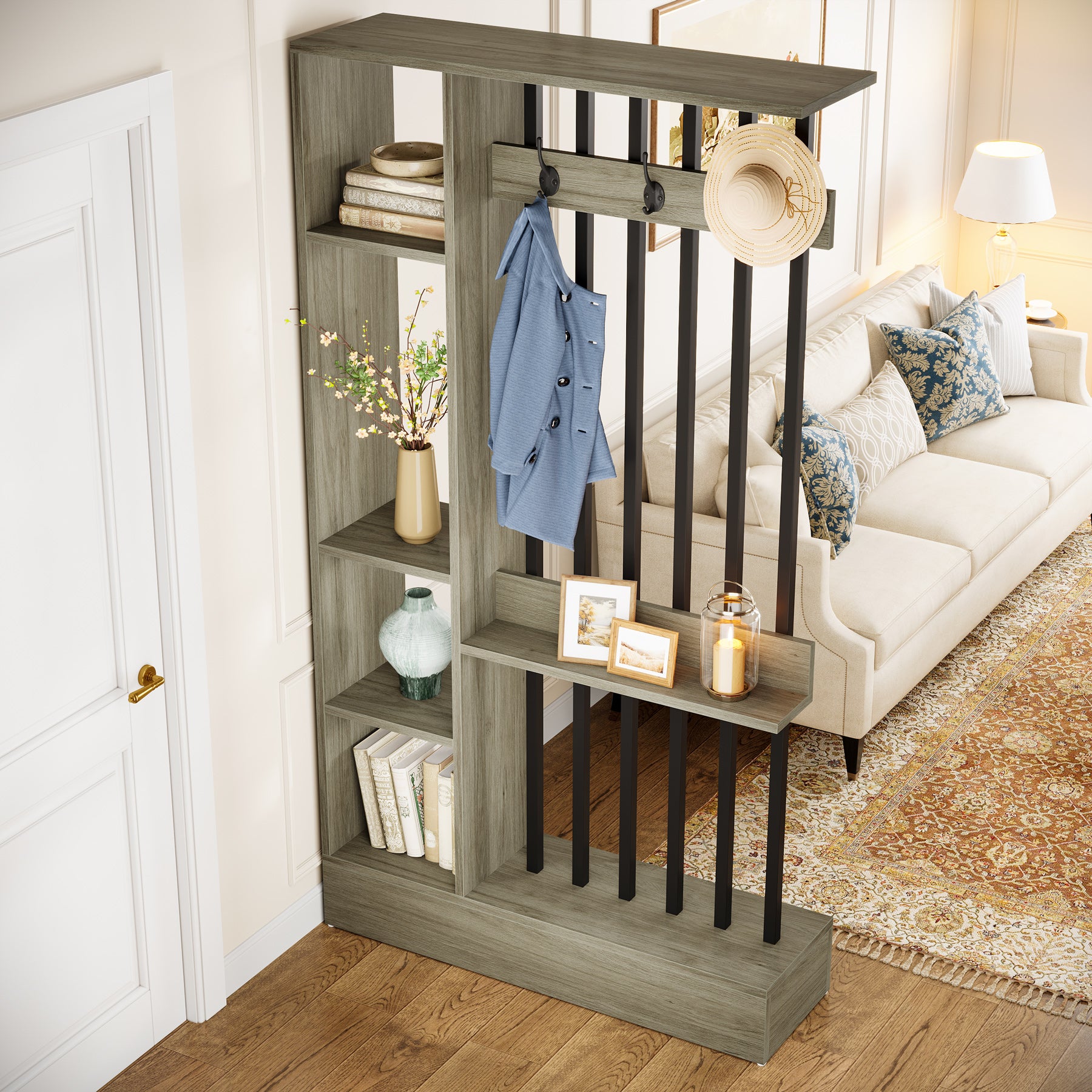 71" Wall Room Divider, Wood Freestanding Wall Partition Bookcase with Coat Hooks