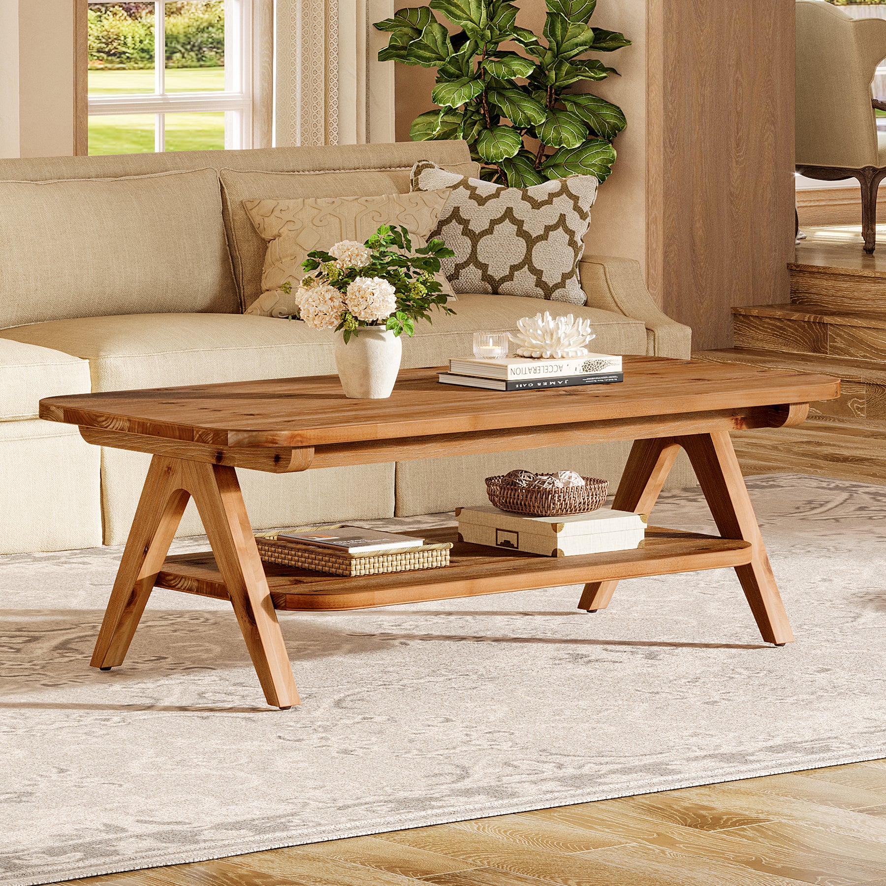 47" Coffee Table, Solid Wood 2-Tier Center Table with Storage Shelf