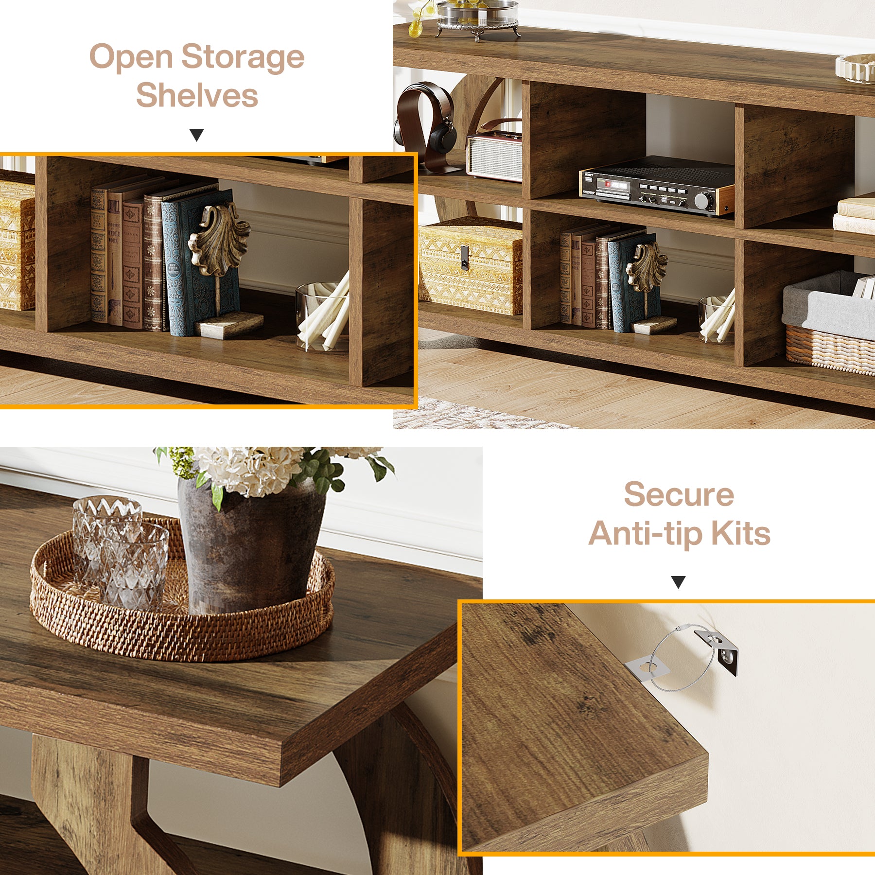 63" Farmhouse TV Stand for 55–75 Inch TVs, Wood Media Console with Open Storage Shelves for Living Room