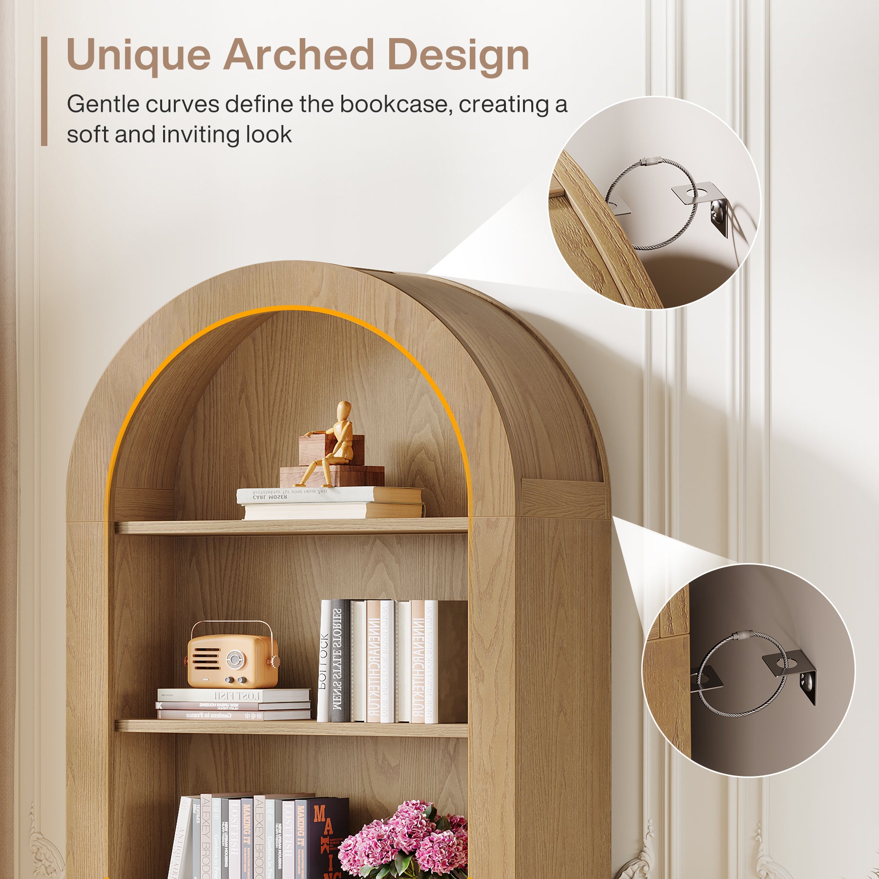 70.9" Bookshelf, 5-Tier Arched Bookcase with Open Display Shelves