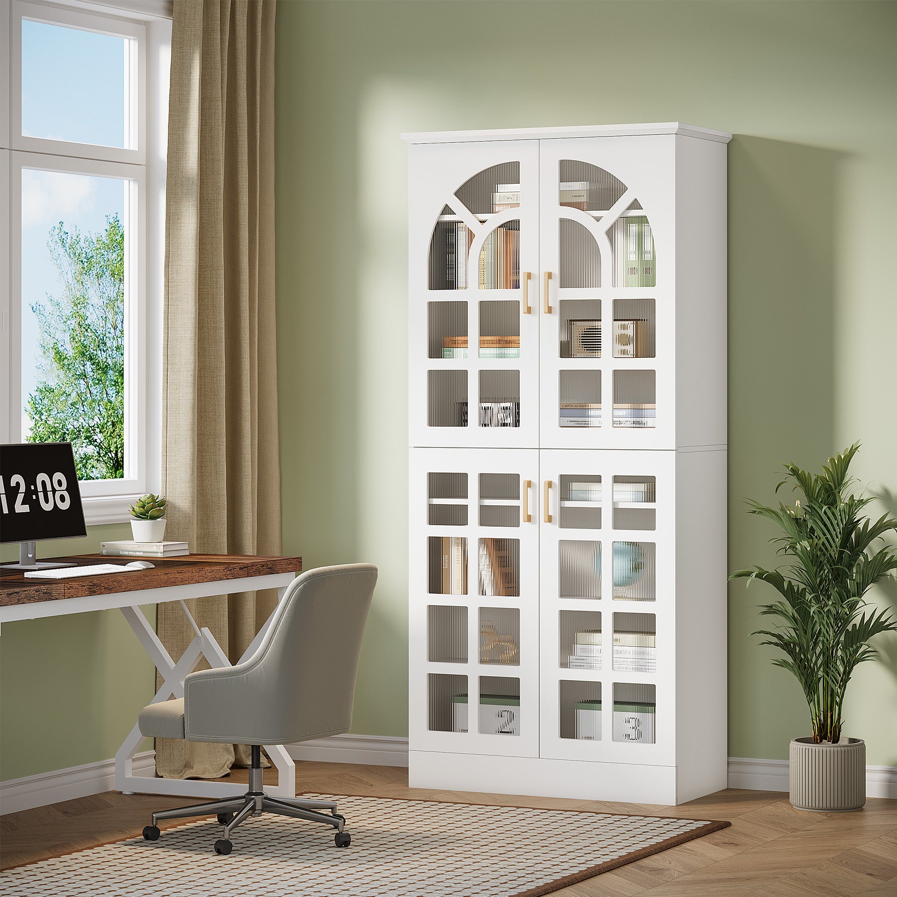 69" Storage Cabinet, Modern Bookcase with Doors and LED Lights