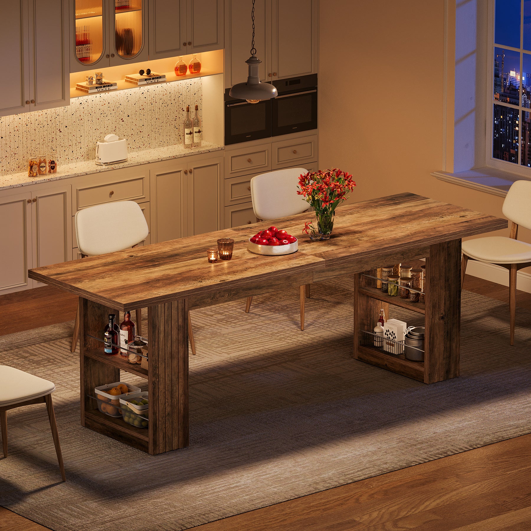 79” Farmhouse Dining Table, Large Kitchen Table with Storage Shelves for Dining Room & Kitchen