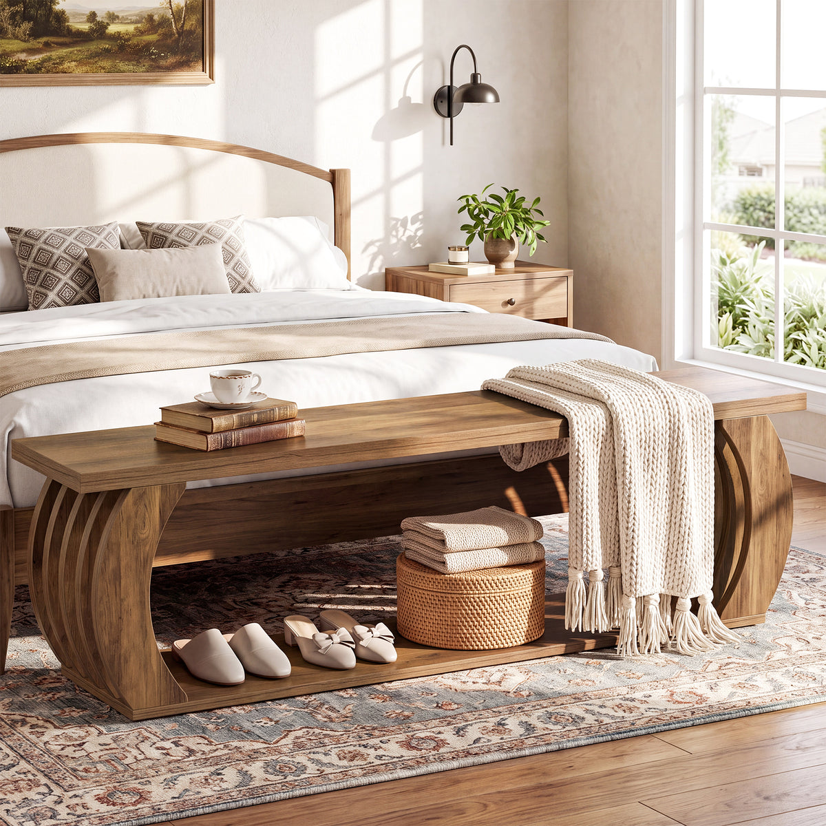 63" Farmhouse End of Bed Bench with Storage, 2-Tier Curved Hollow Legs