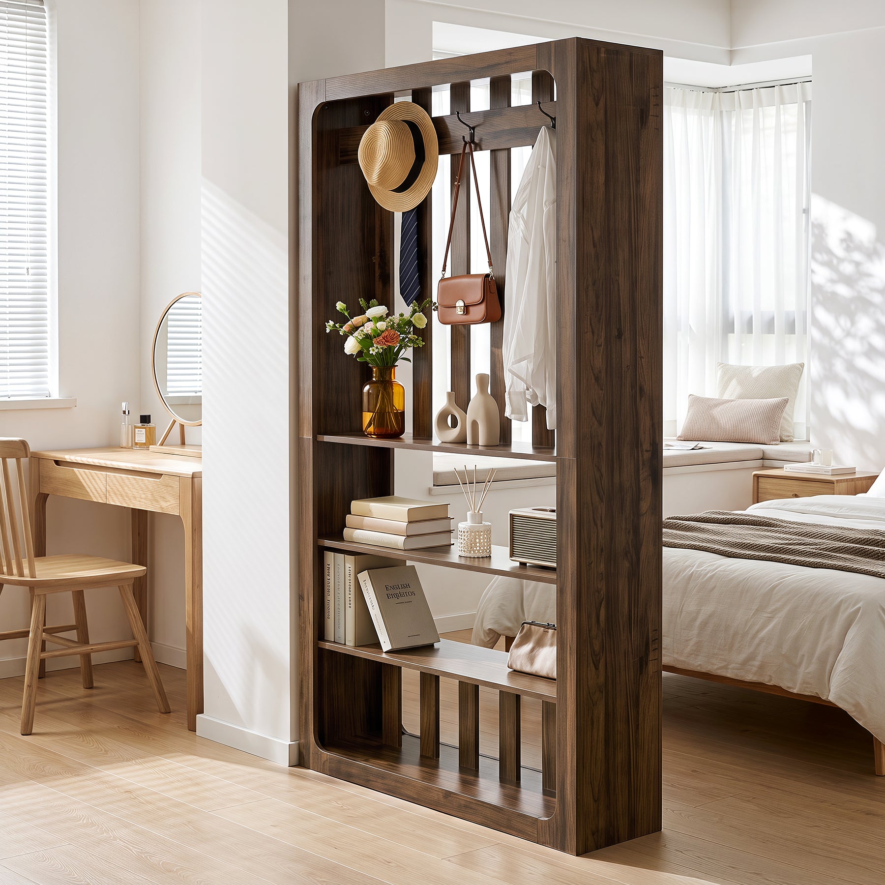70.9" Room Divider Bookcase with Shelves & Coat Hooks, Freestanding Wood Wall Partition for Home Office