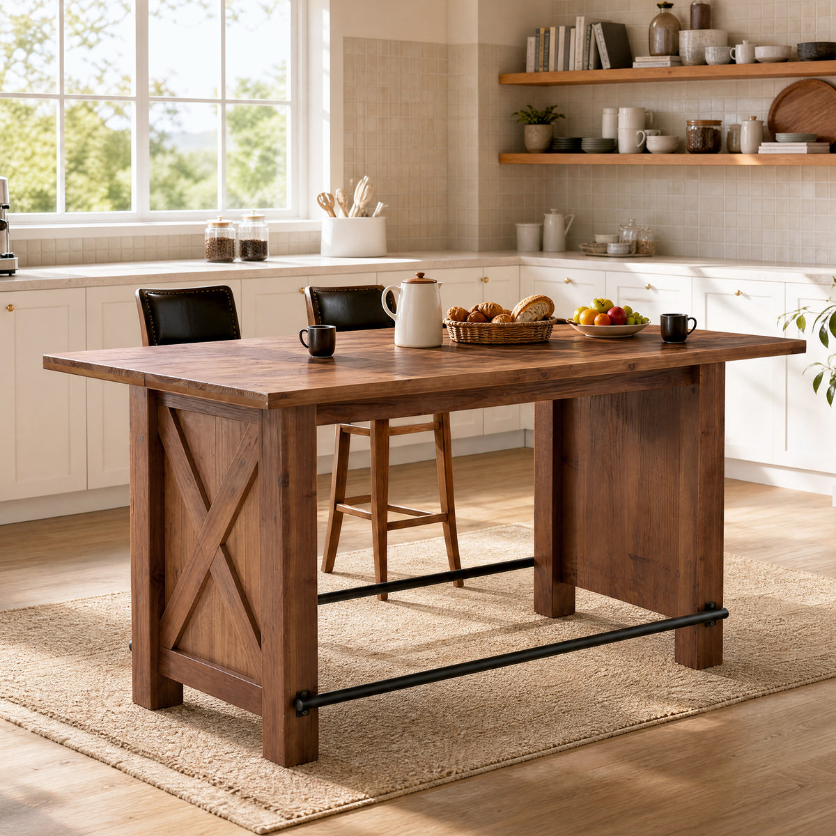 63" Farmhouse Solid Wood Kitchen Island with Metal Footrest, Counter Height Table