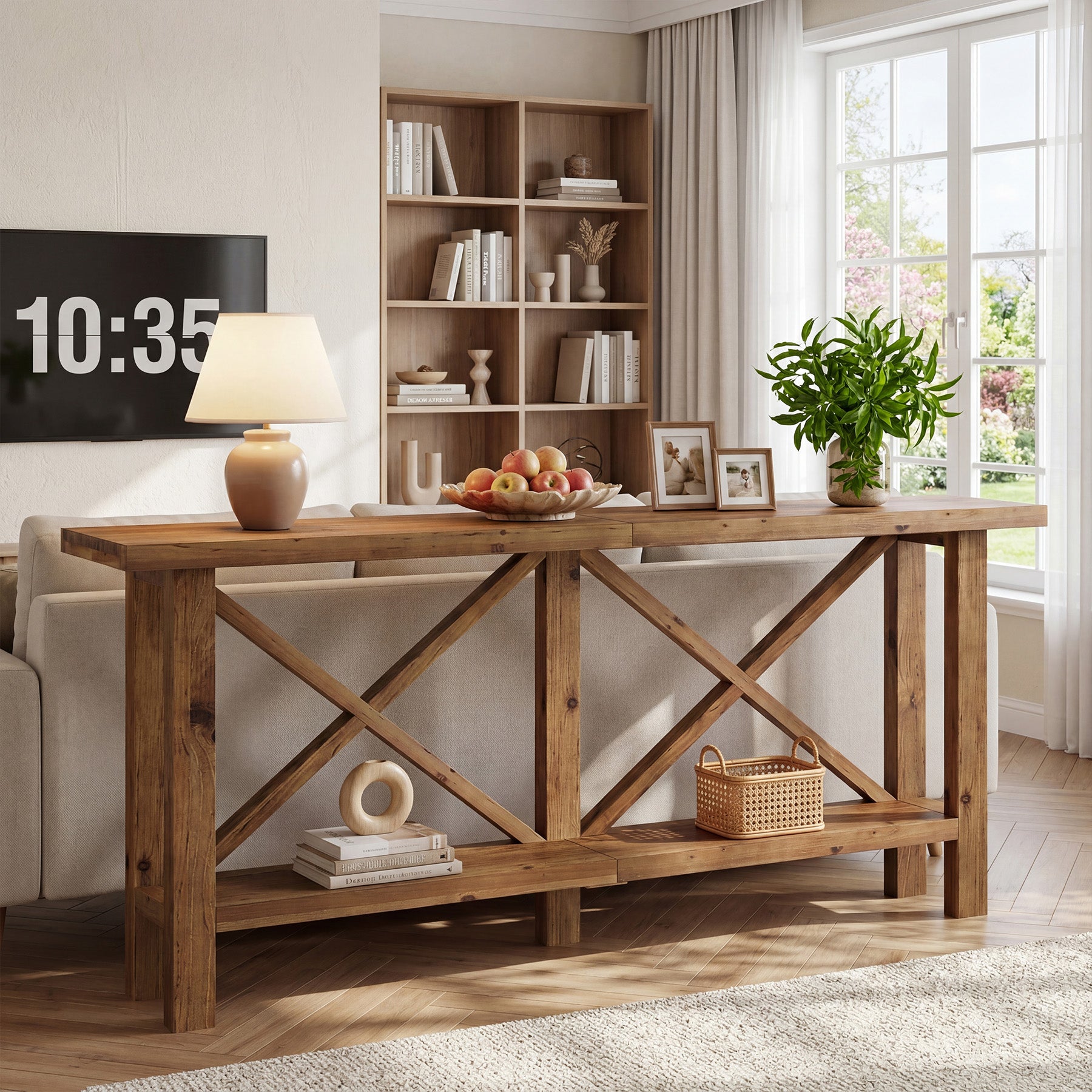 70.87" Solid Wood Console Table with Storage, Farmhouse Narrow Entryway & Sofa Table with X-Frame