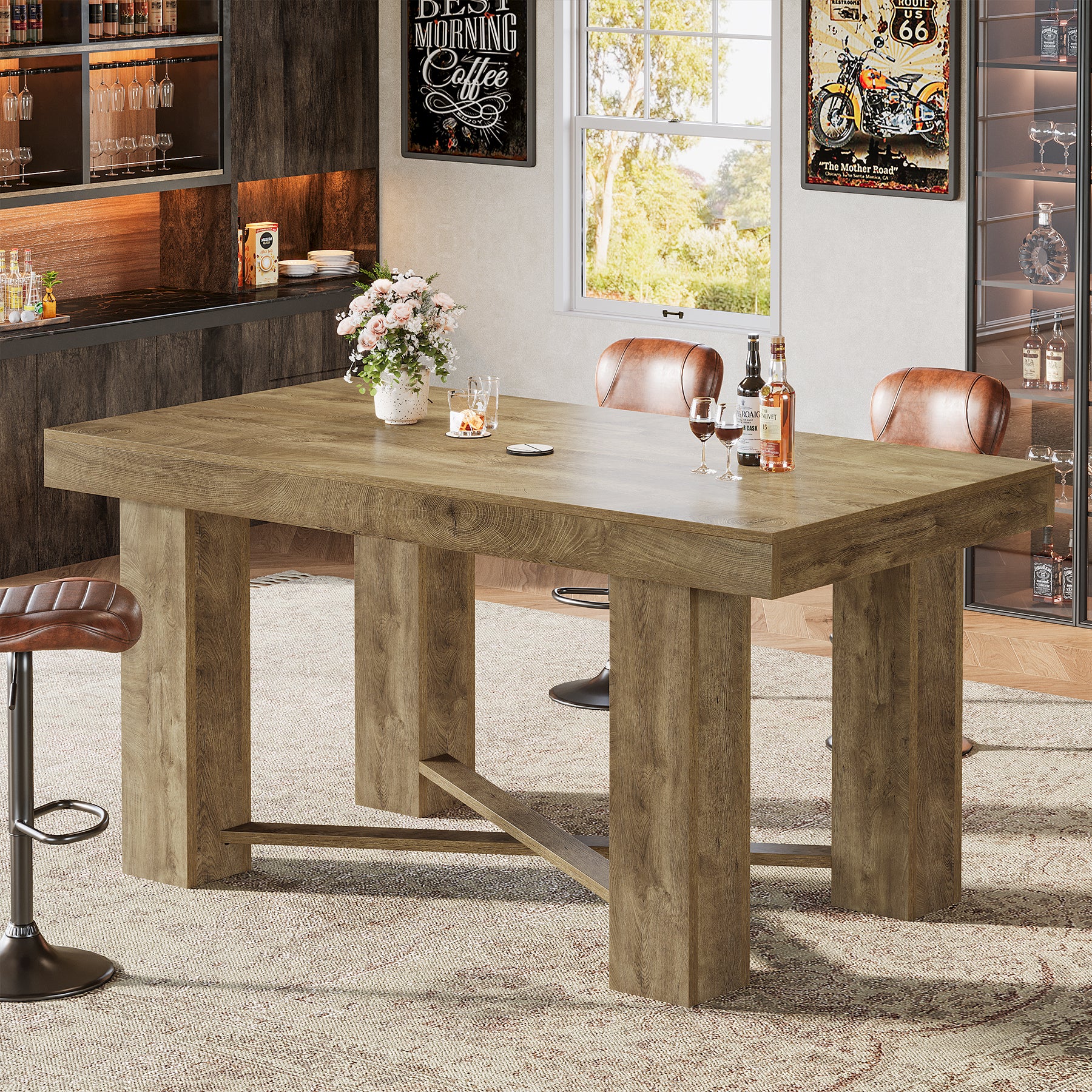 55 Inch Farmhouse Bar Table Counter Height, Rectangular Wooden Pub Table