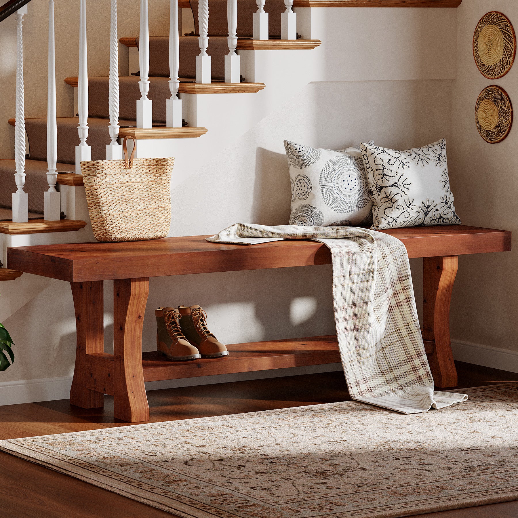 55" Entryway Bench, Solid Wood End of Bed Bench Dining Seat