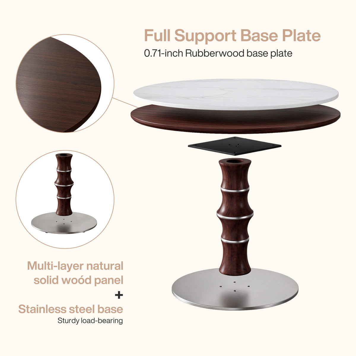 35" Round Sintered Stone Dining Table for 2-4, Rubberwood Pedestal & Stainless Steel Base
