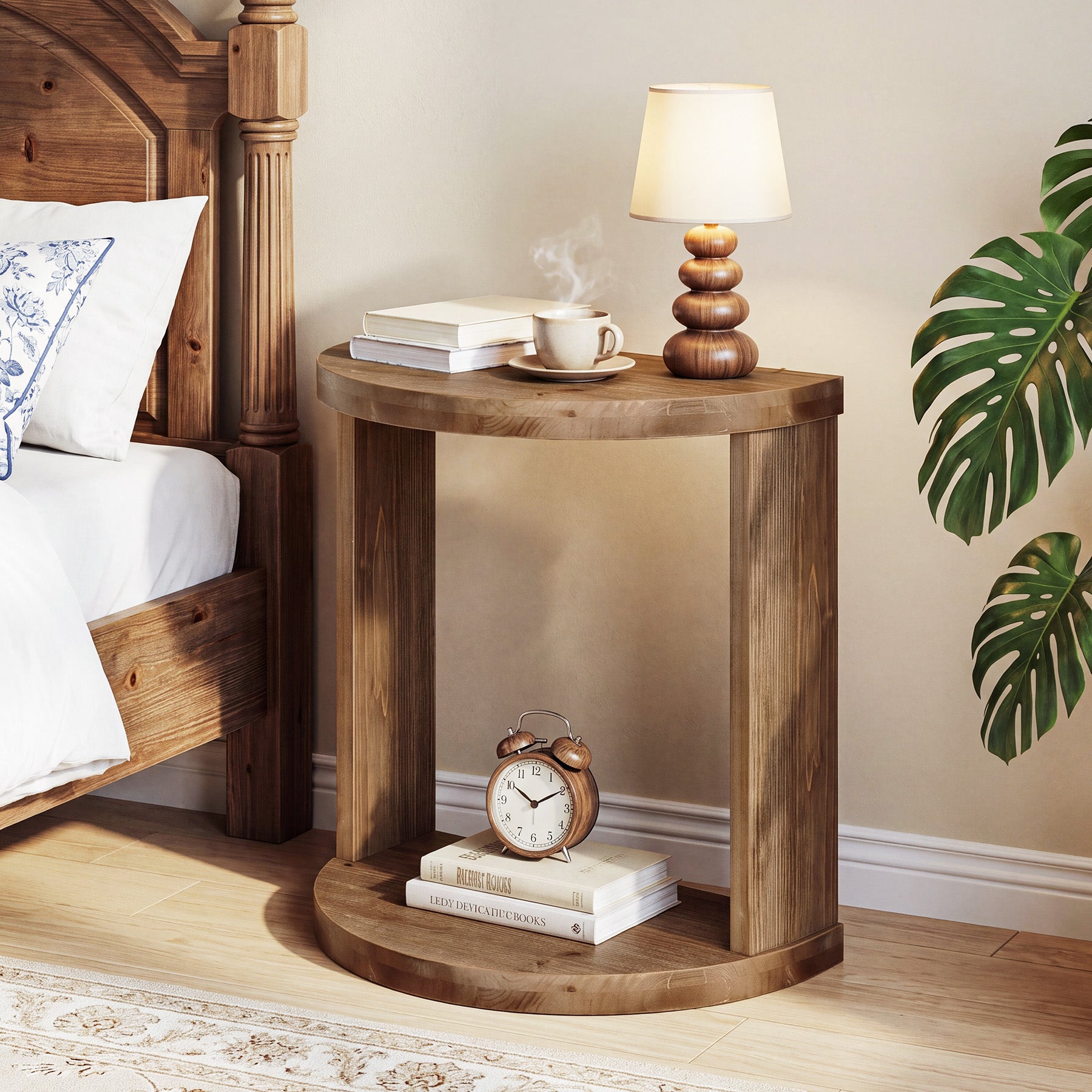 Half Moon Nightstand, Solid Wood Farmhouse Bedside Table with 2-Tier Storage Shelves, Bedroom Living Room
