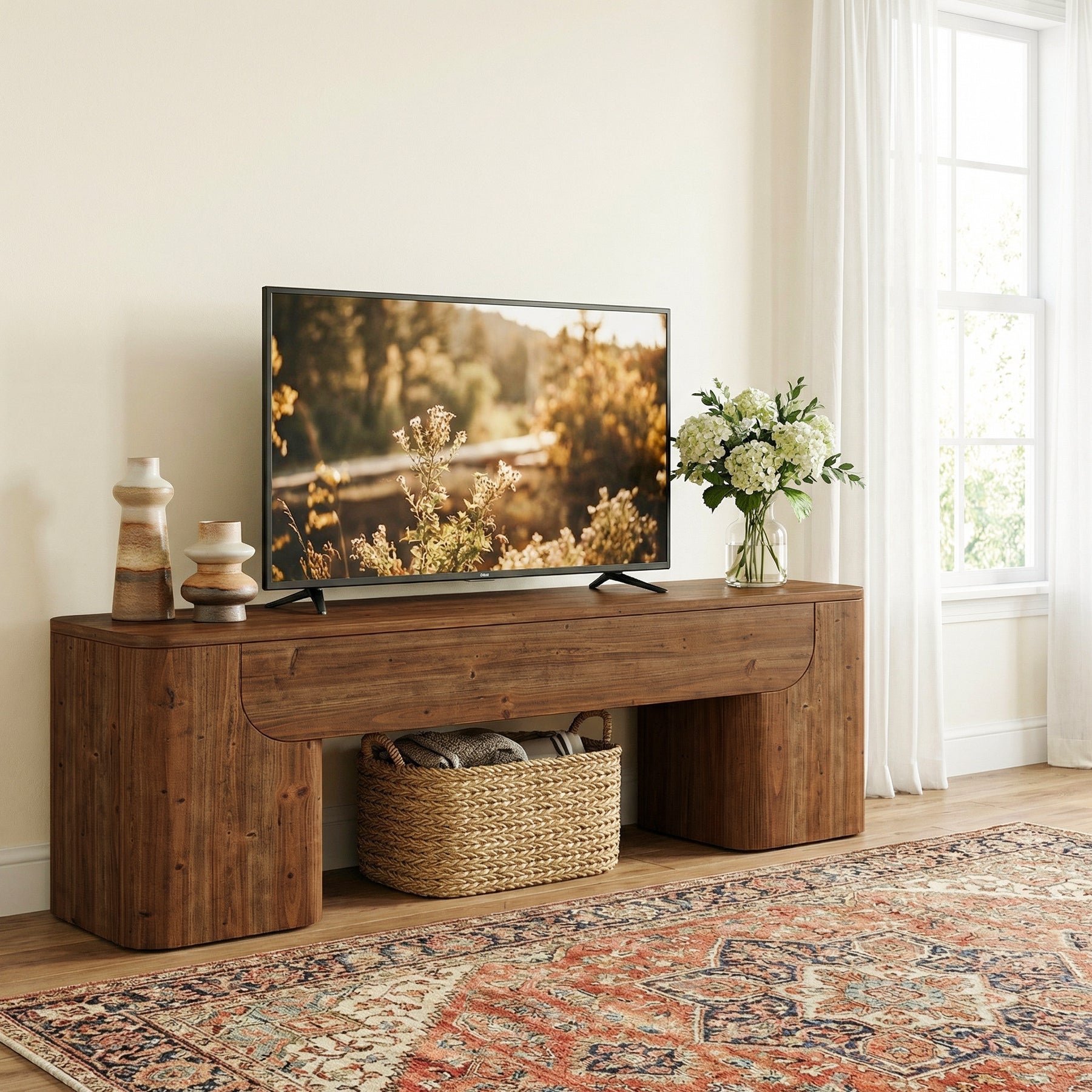 59" Solid Wood TV Stand, Heavy Duty Media TV Console for 55/60/65/75-Inch TVs