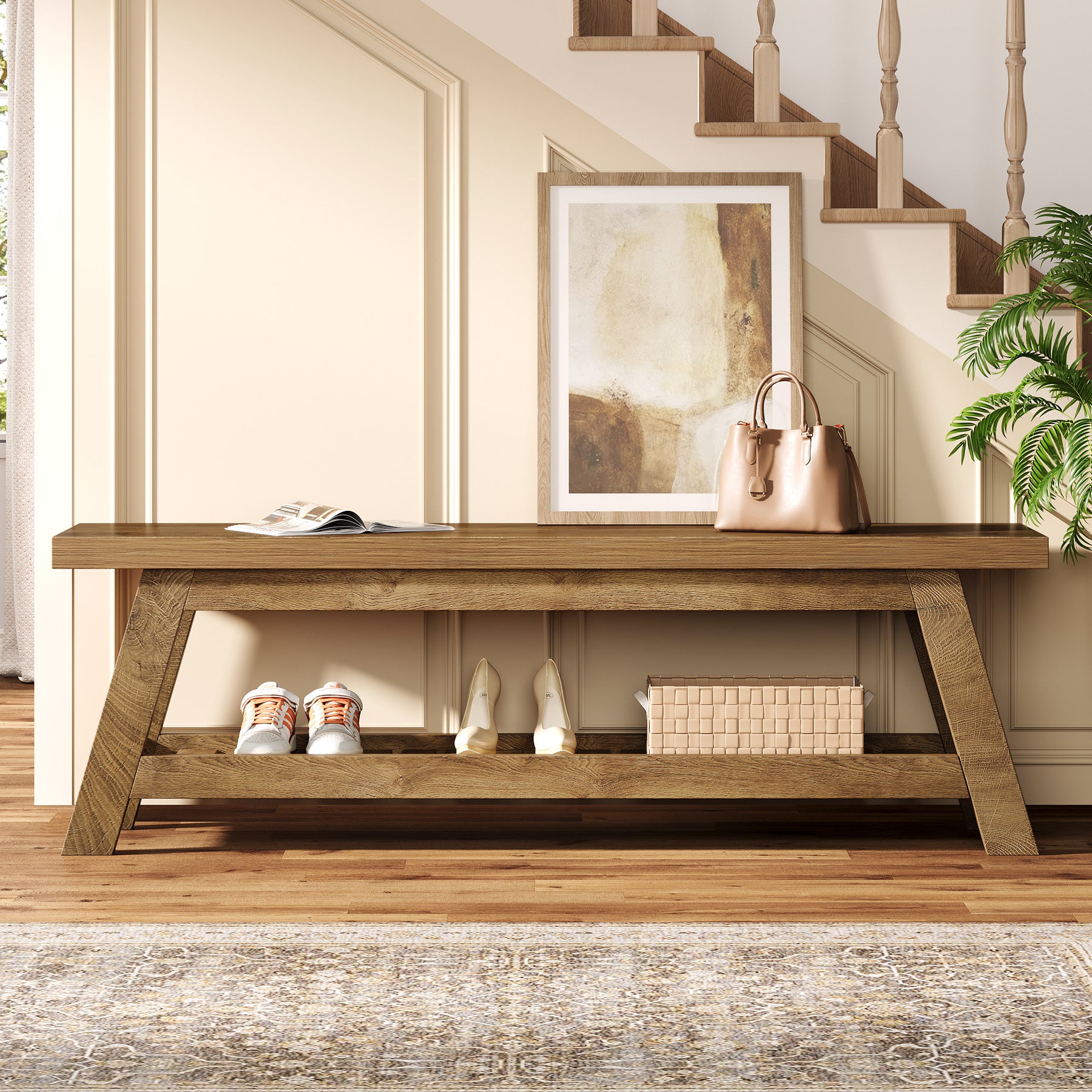 55" Entryway Bench, 2-Tier Foyer Seating Bench with Shoe Storage