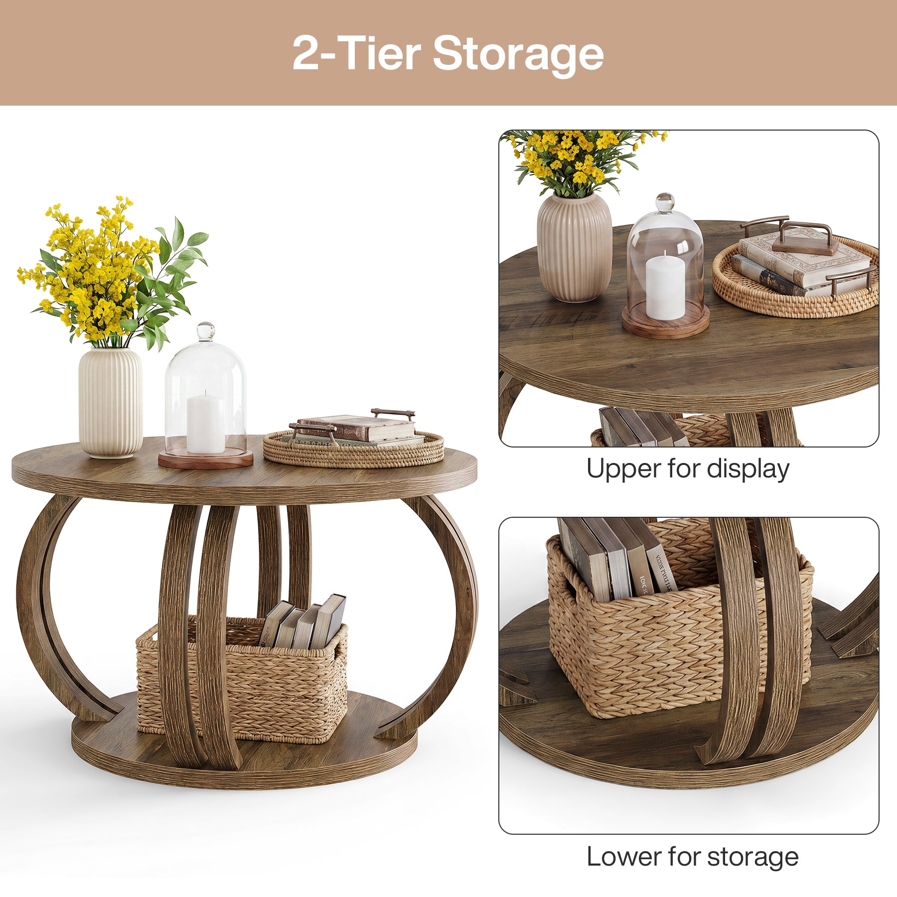 Round Coffee Table, 31.5" Center Table with 2-Tier Storage Shelf & Sculptural Curved Base