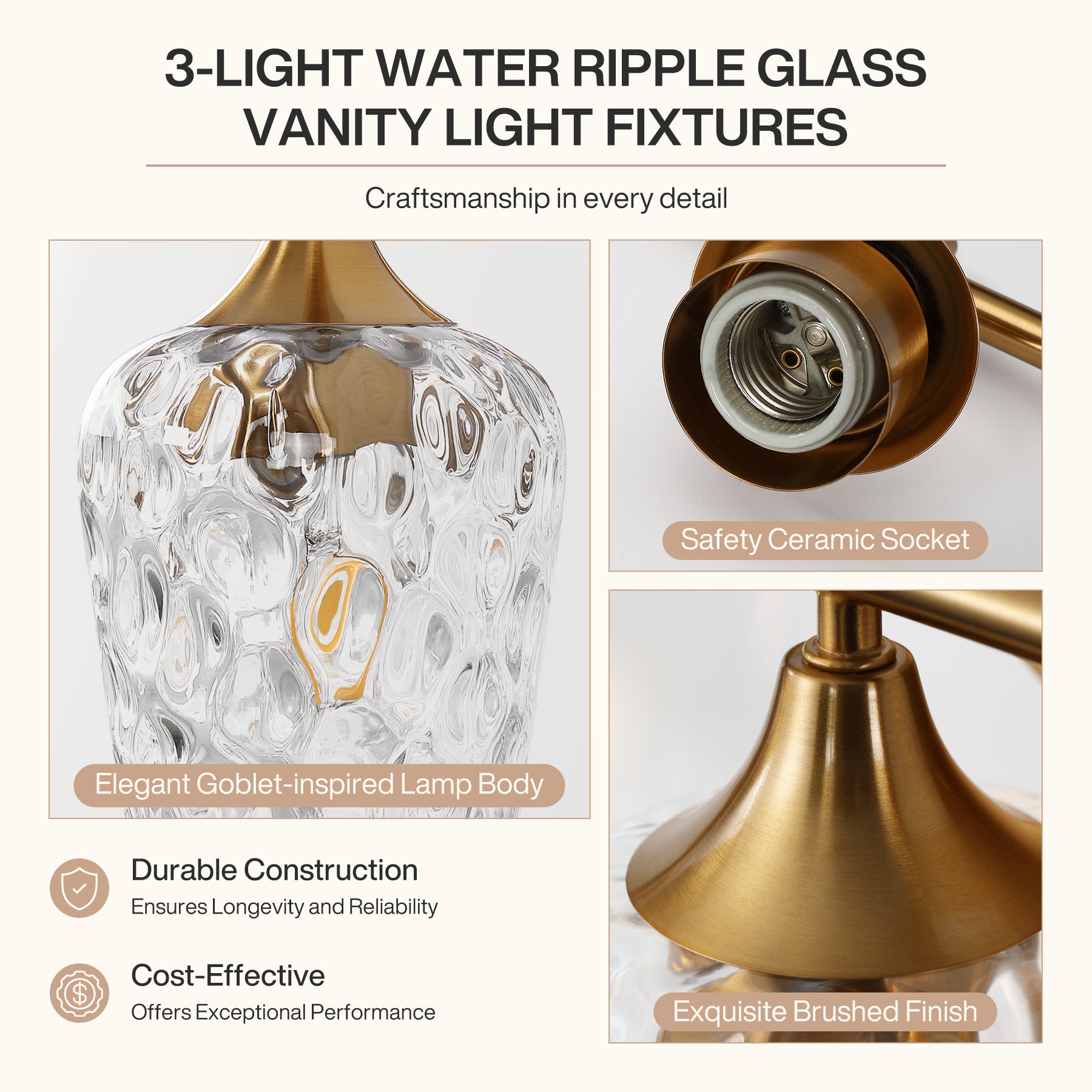 3-Light Bathroom Vanity Light, Modern Wall Sconce with Water Ripple Clear Glass Shades