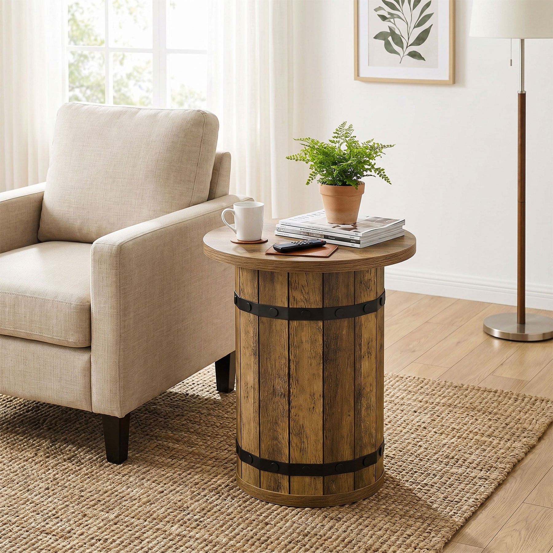 Round end table beside sofa in modern rustic living room