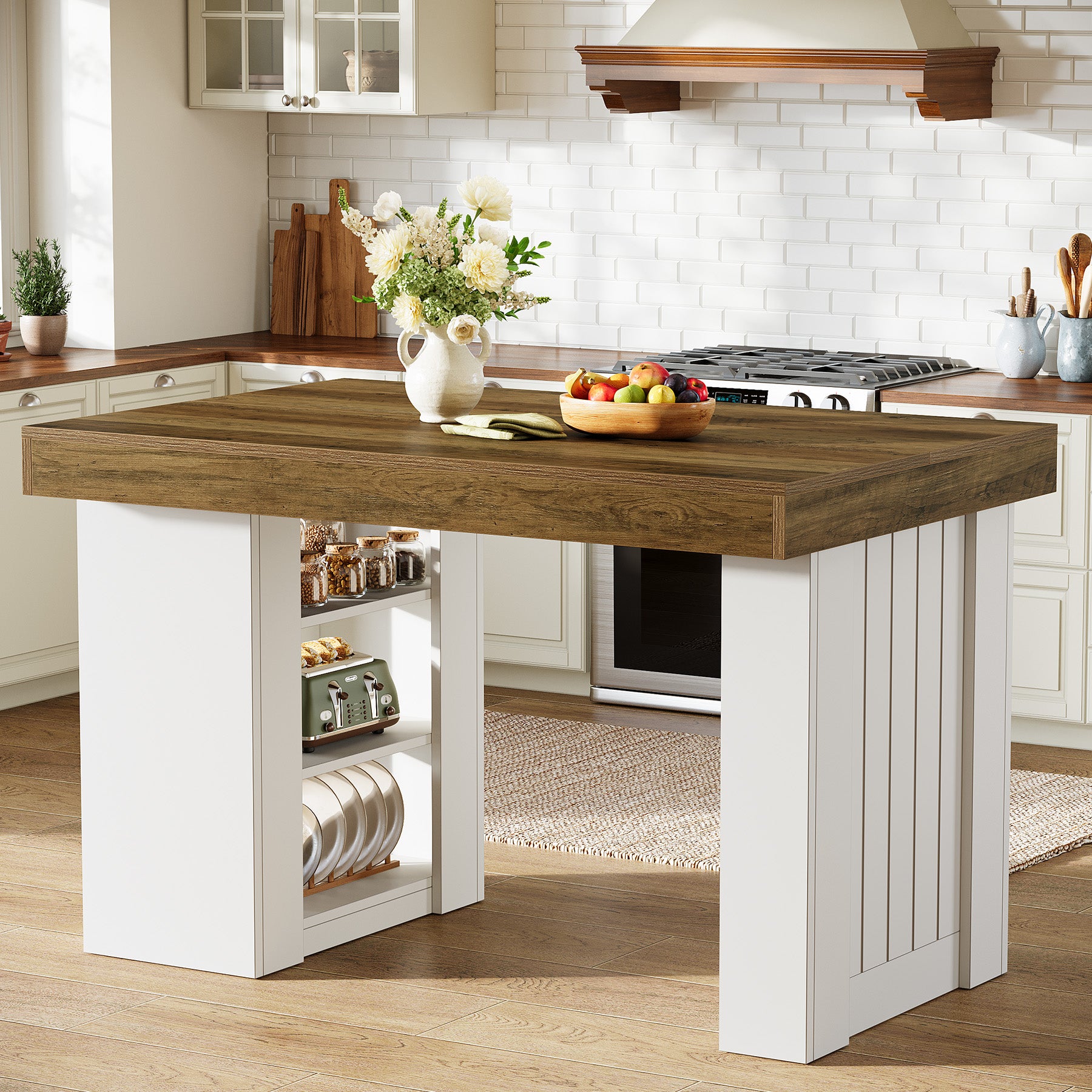 55" Kitchen Island with Storage, Farmhouse Stationary Island Table for Kitchen