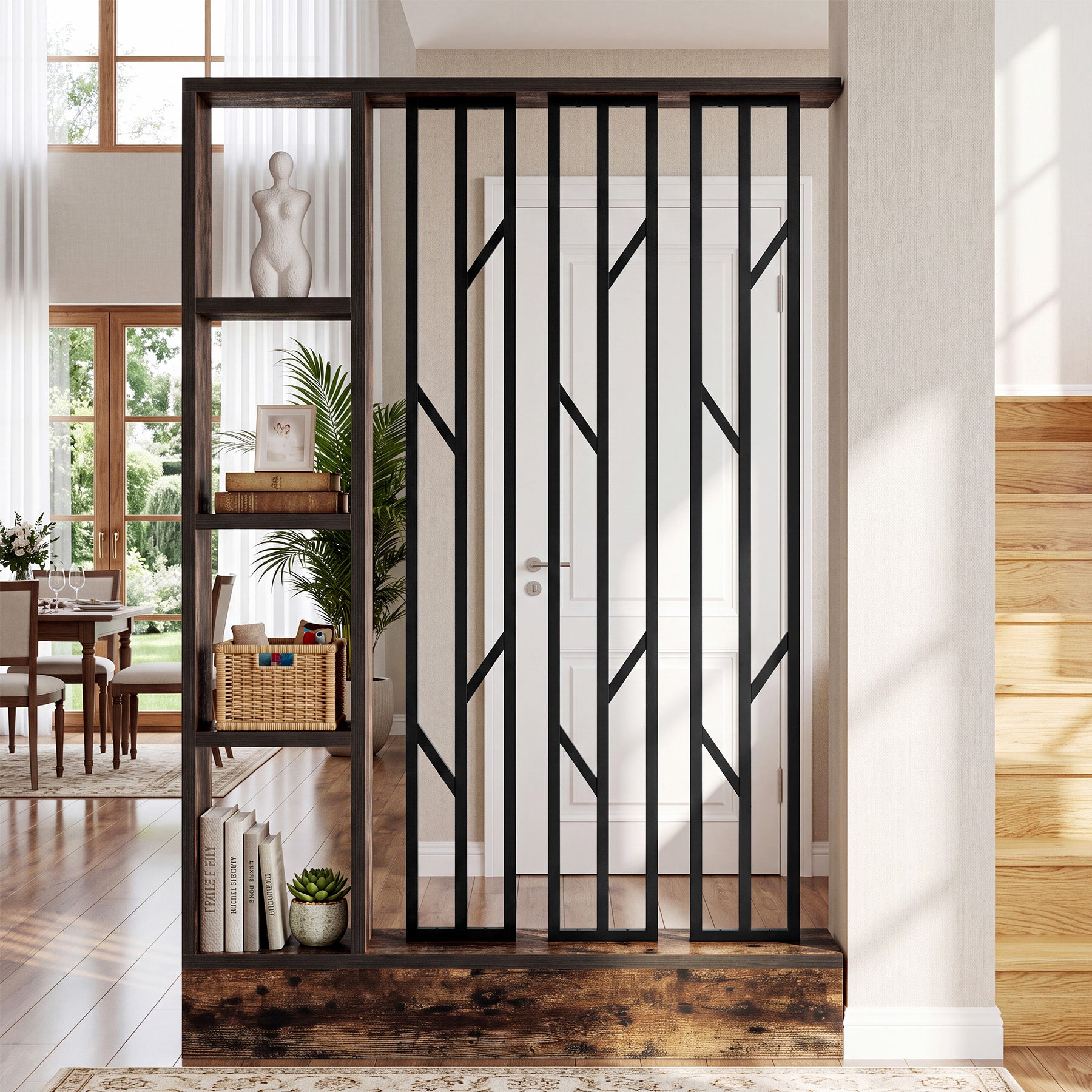 71" Room Divider with Storage Shelves, Freestanding 4-Shelf Wall Partition, Living Room