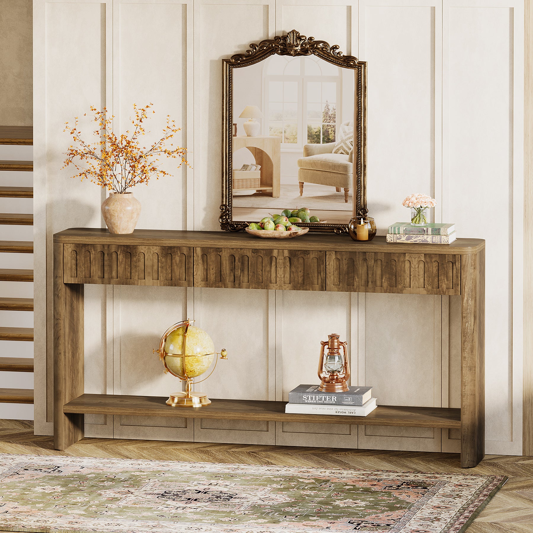 63" Rustic Fluted Console Table, Wood Entryway Table  with 3 Drawers for Living Room