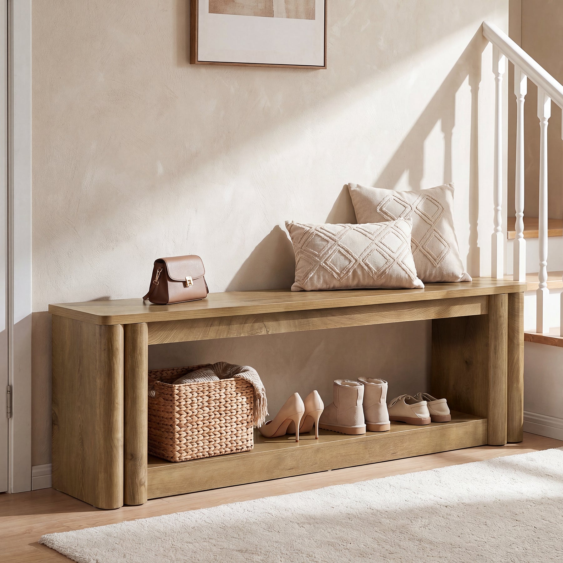 70.8" Entryway Shoe Bench, 2-Tier Benches Seat with Storage