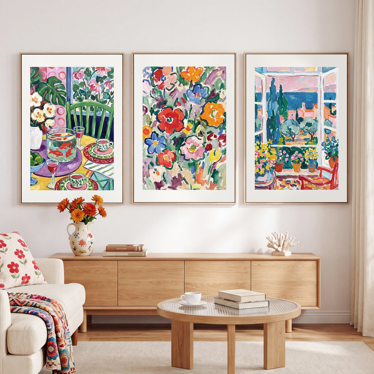 3 Piece Hand-Painted Oil Painting Style Canvas Wall Art Set,24x36 Inch Colorful Floral and Mediterranean Coastal Prints