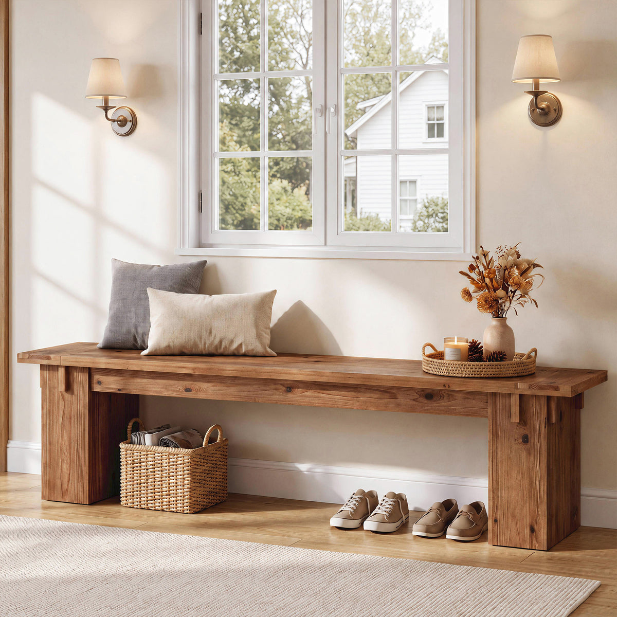 71" Farmhouse Solid Wood Entryway Bench with Thick Legs, Bedroom End of Bed Bench