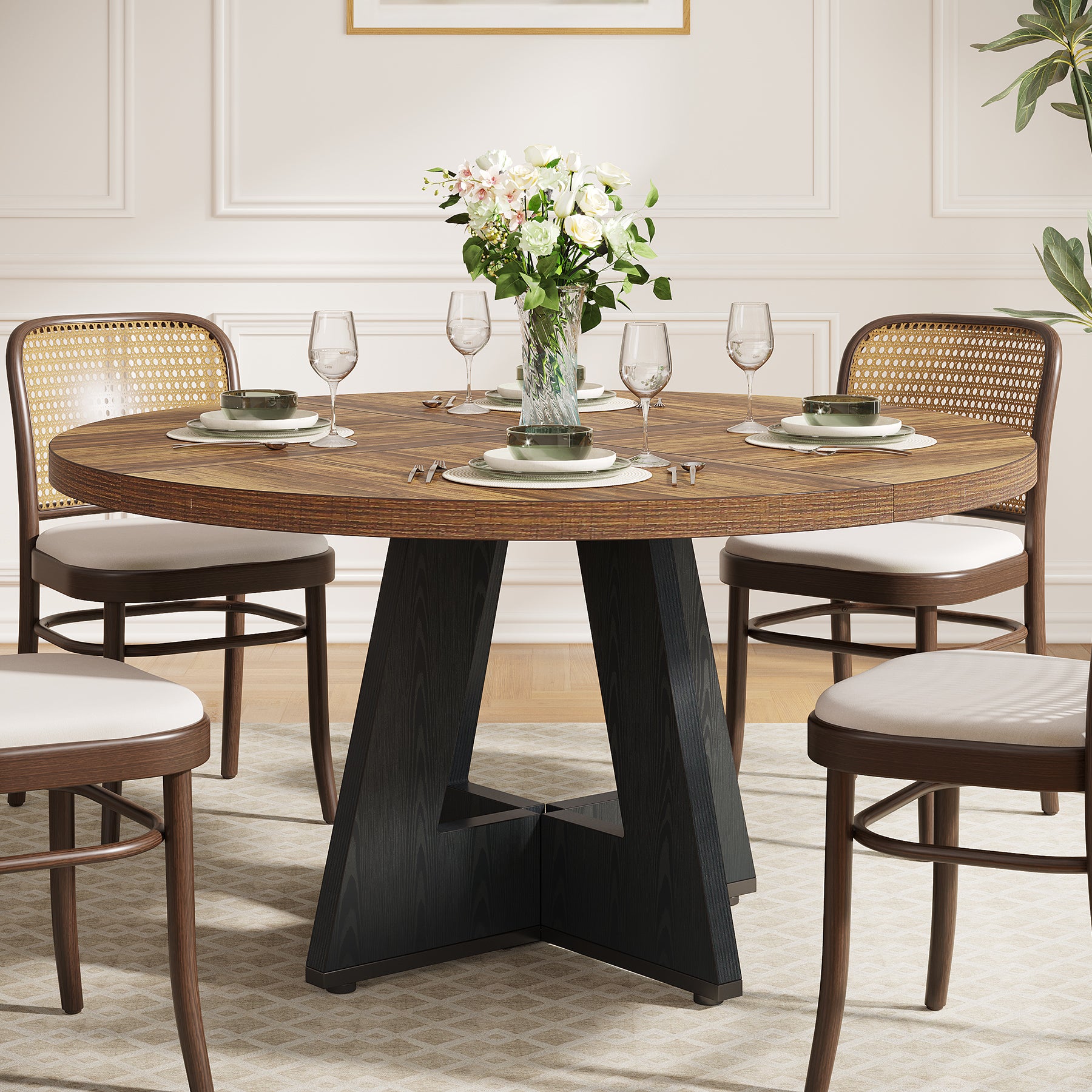 47-Inch Round Farmhouse Dining Table for 4–6 with Cross-Style Pedestal Base