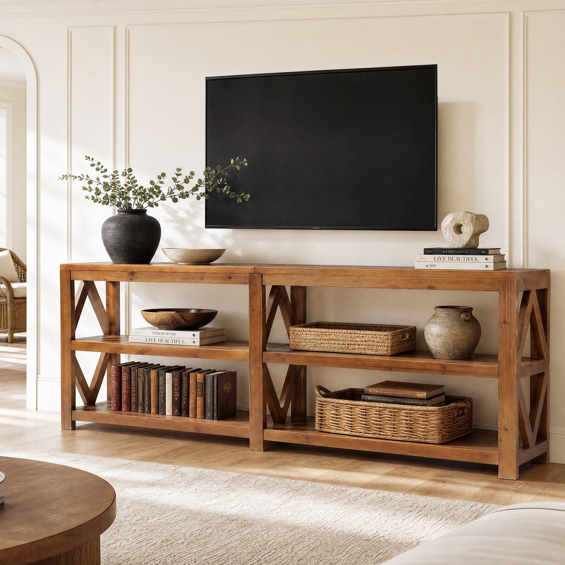 78.7" Solid Wood TV Stand for up to 85" TVs, 3-Tier Extra Long Entertainment Center