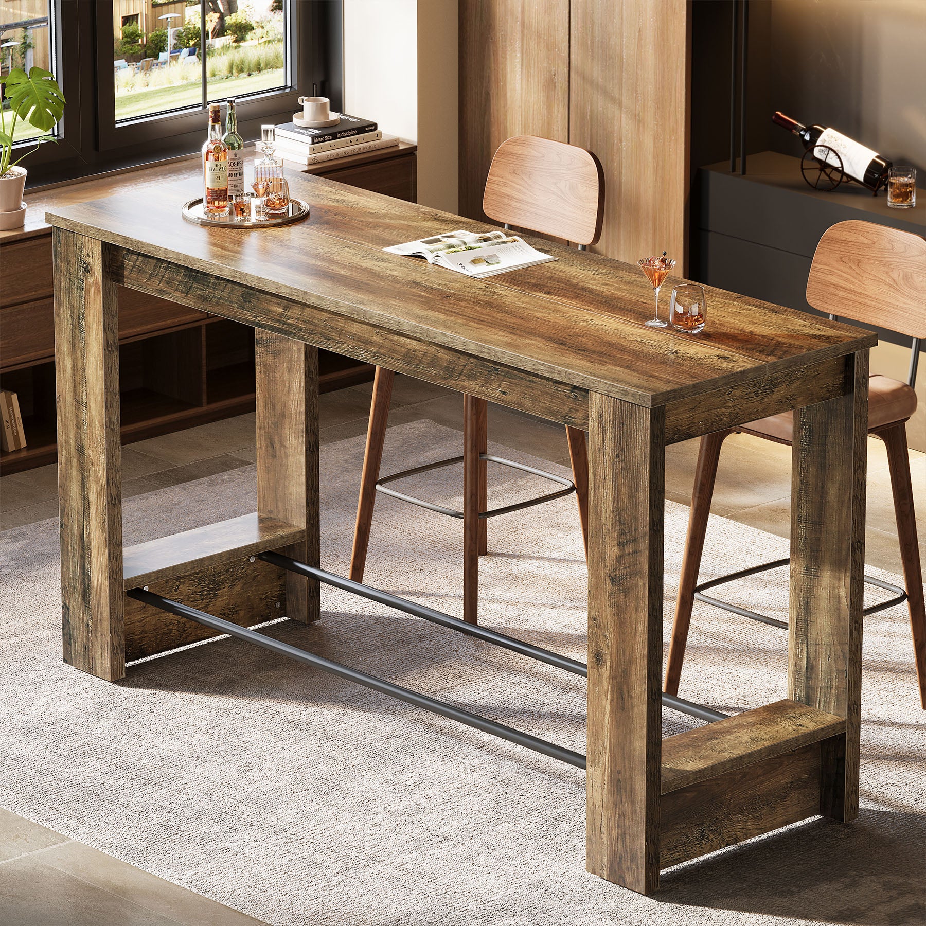 63" Bar Table Counter Height Pub Table with Metal Footrests