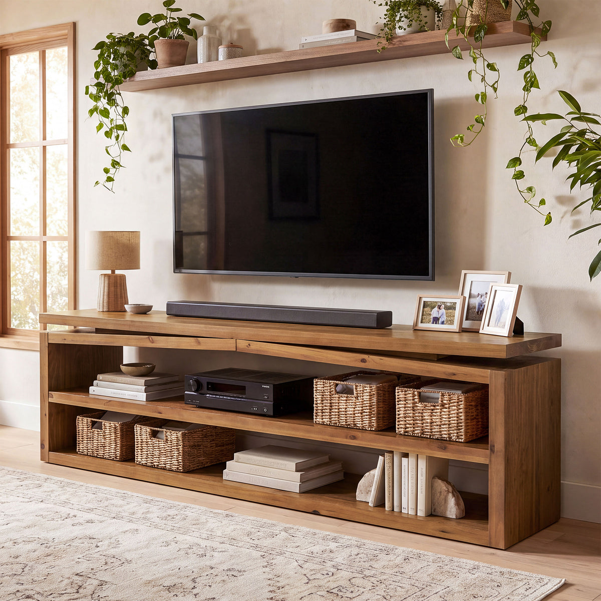 63" Farmhouse Solid Wood TV Stand for TVs Up to 70", 3-Tier Open Storage Media Console