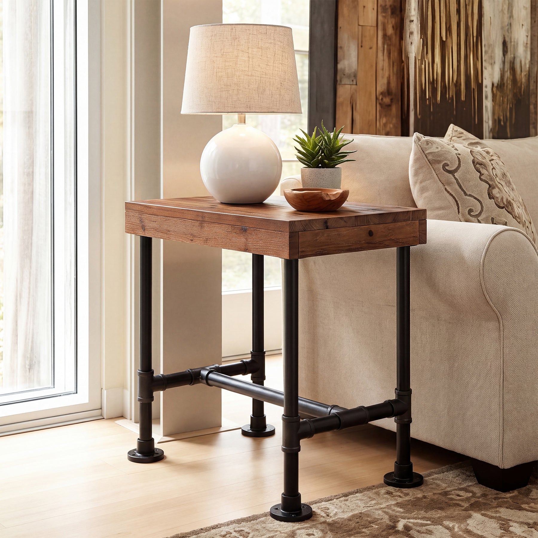 Industrial Narrow End Table with Metal Pipe Frame, Solid Wood Side Table, Living Room