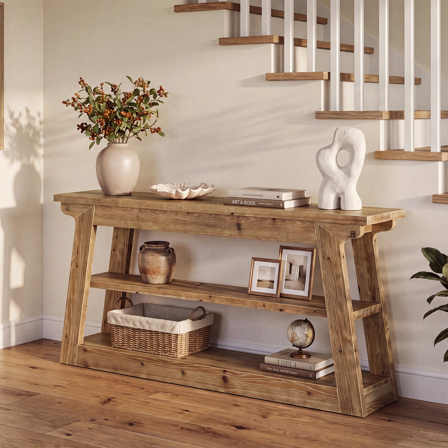 63" Console Table, 3-Tier Solid Wood Sofa Table Entryway Table for Hallway