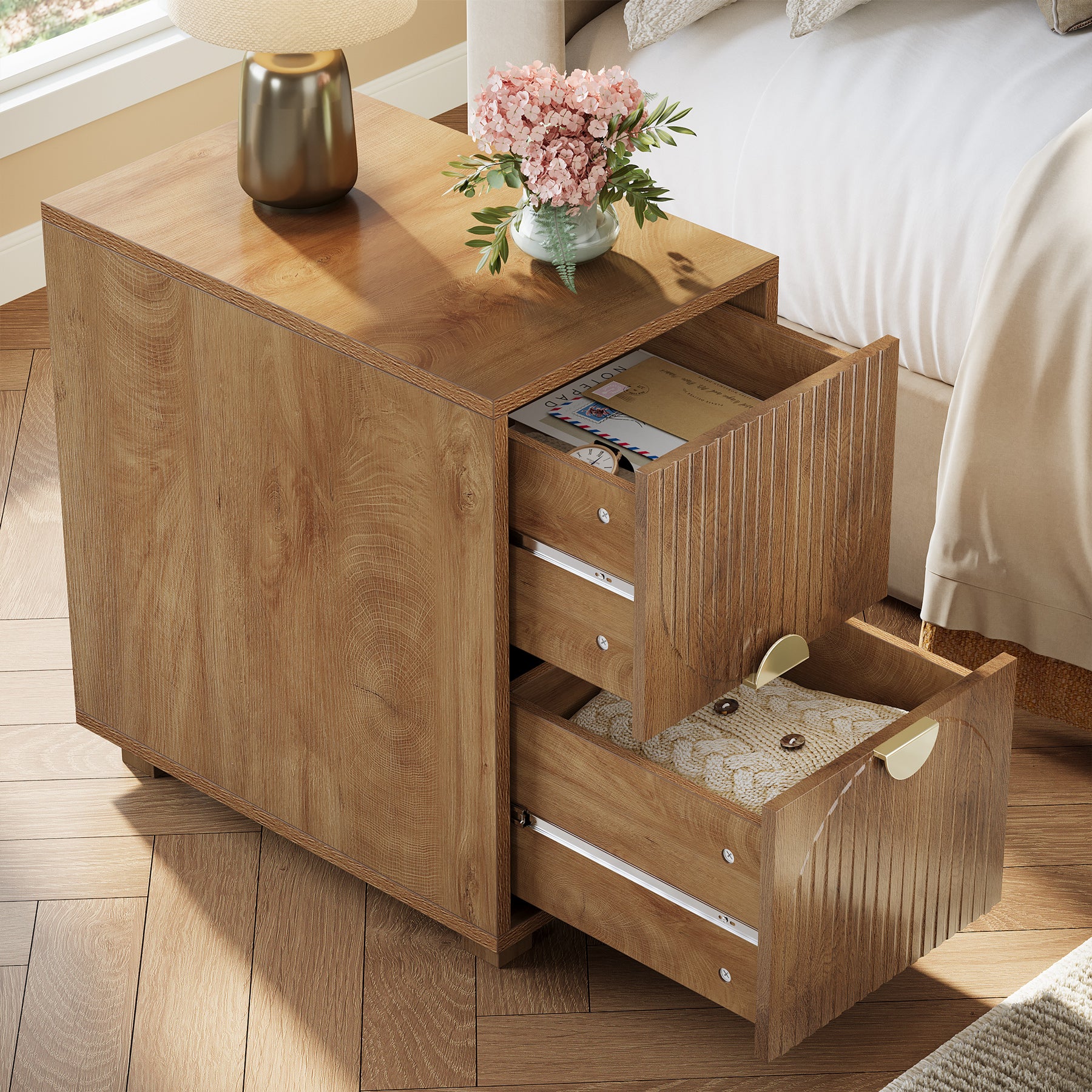 2-Drawer Nightstand, Narrow Bedside Table with Gold Metal Handle