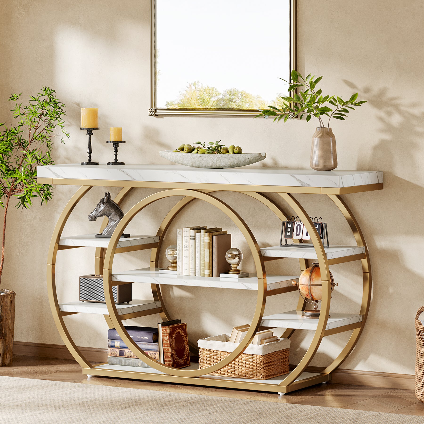 47.24" Console Table, 5-Tier Industrial Sofa Table with Metal Frame